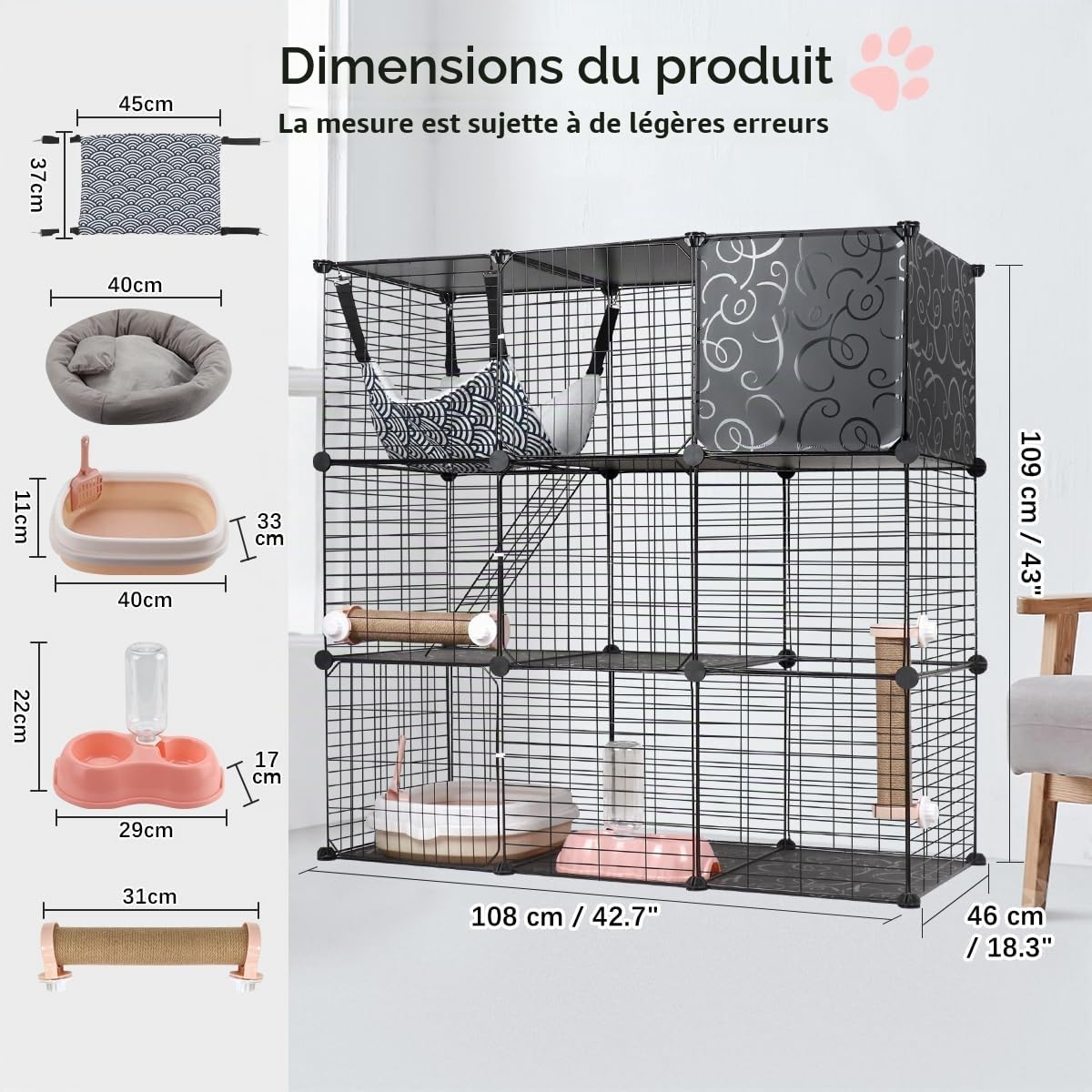 Cage pour Chats Intérieur 3 Niveaux avec Hamac, Maisonnette en Fil Métallique, Bac à Litière, Griffoirs et Escaliers pour 1-2 Chats