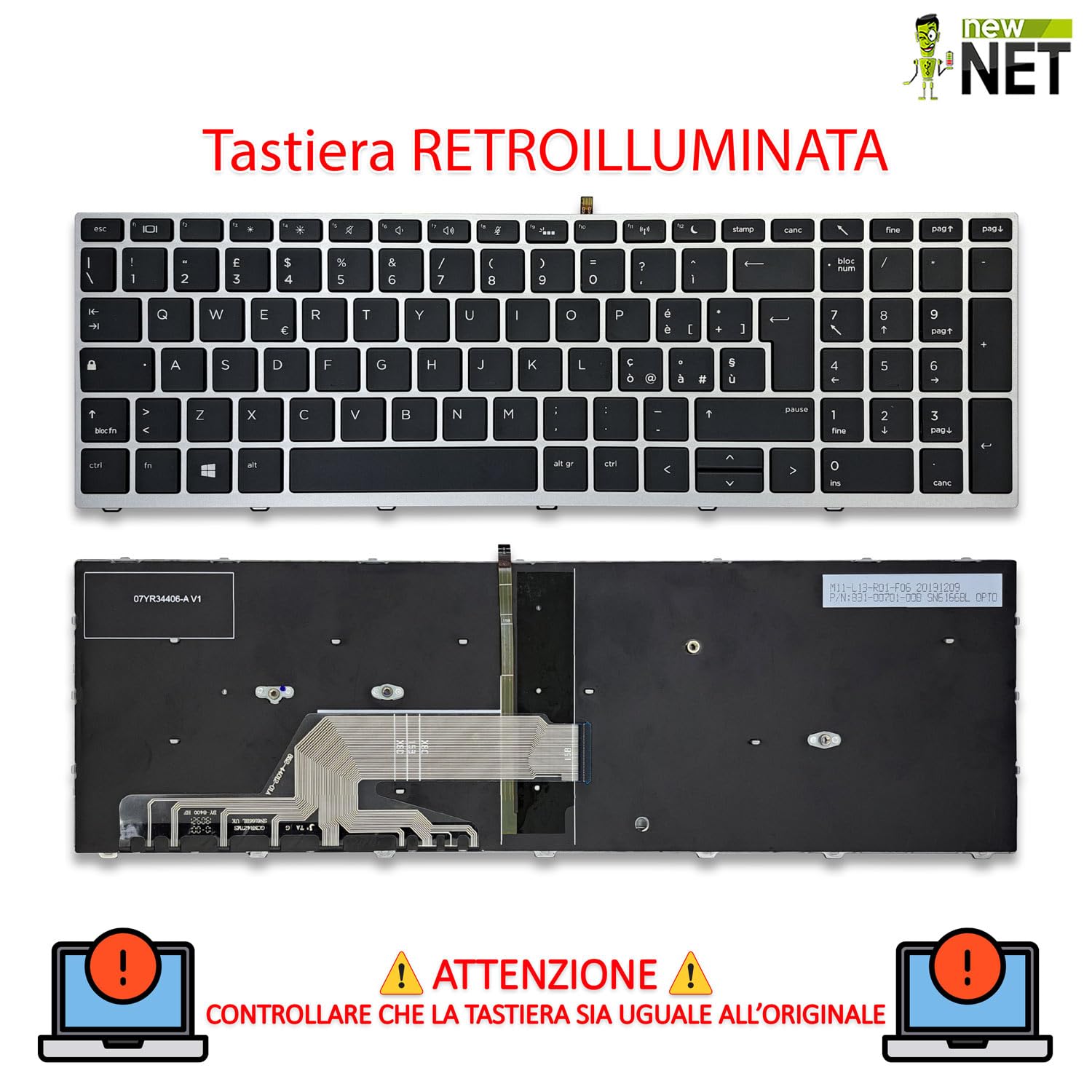 new net - Tastiera Compatibile con Notebook HP ProBook 650 G4, 650 G5, 655 G4, 655 G5 [Frame Argento - Retroilluminata - Layout ITA]