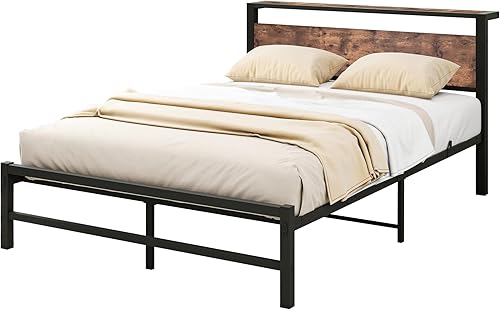 Miniatura 5 de Base de cama matrimonial con cabecera de almacenamiento de madera, no necesita somier, base de colchón de listones de acero, diseño de tubería