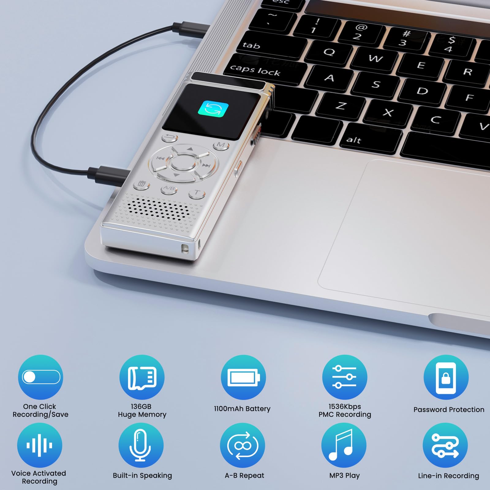 Registratore vocale digitale da 136 GB con riproduzione, dispositivo di registrazione audio 9000 ore, registratore vocale attivato con riduzione del rumore, ripetizione A-B, lettore MP3 e password per