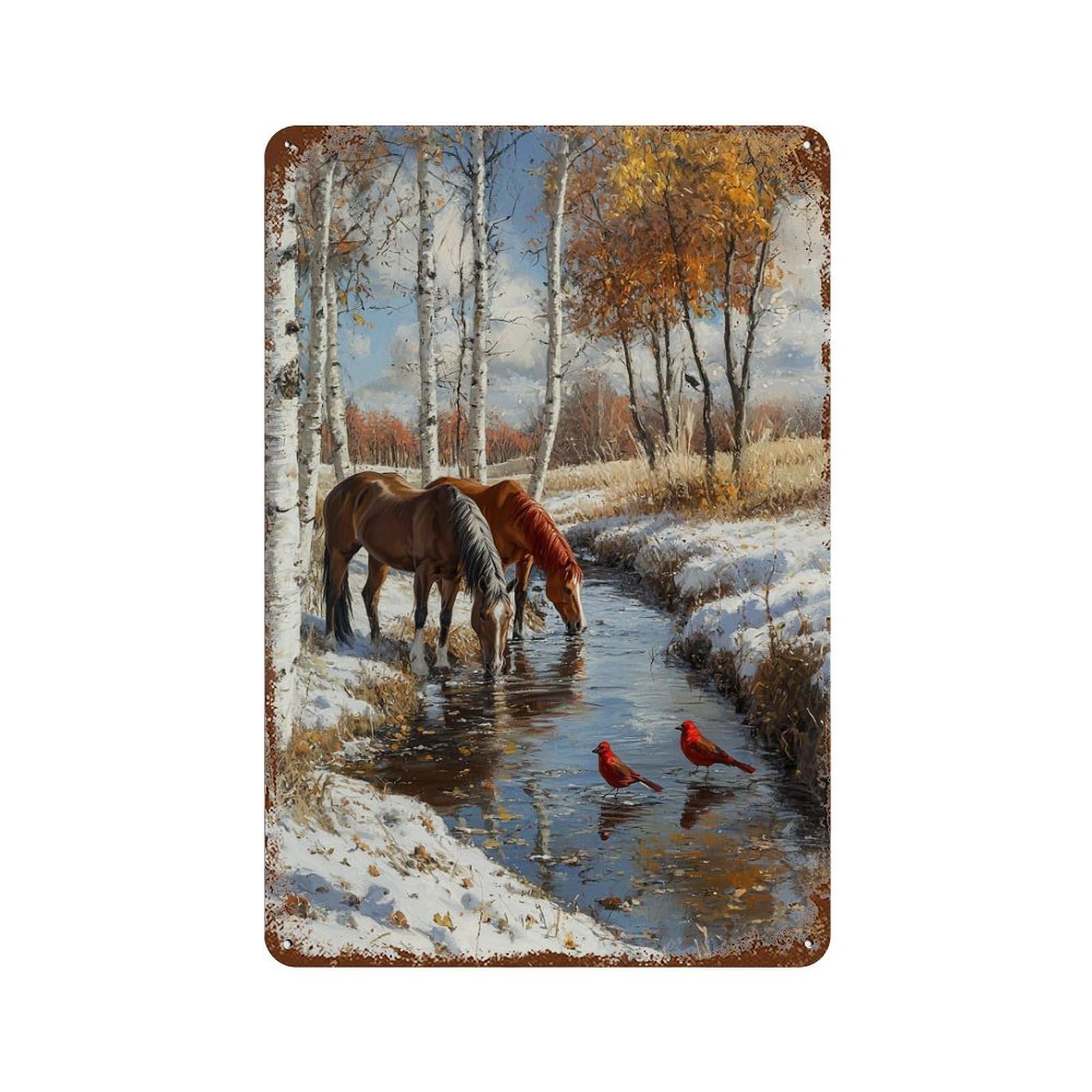 Winter Scene with Horses And Birds Vintage Metal Tin Sign 11.8"x7.9", Farmhouse Wall Decor for Garage, Bar And Workshop Decor
