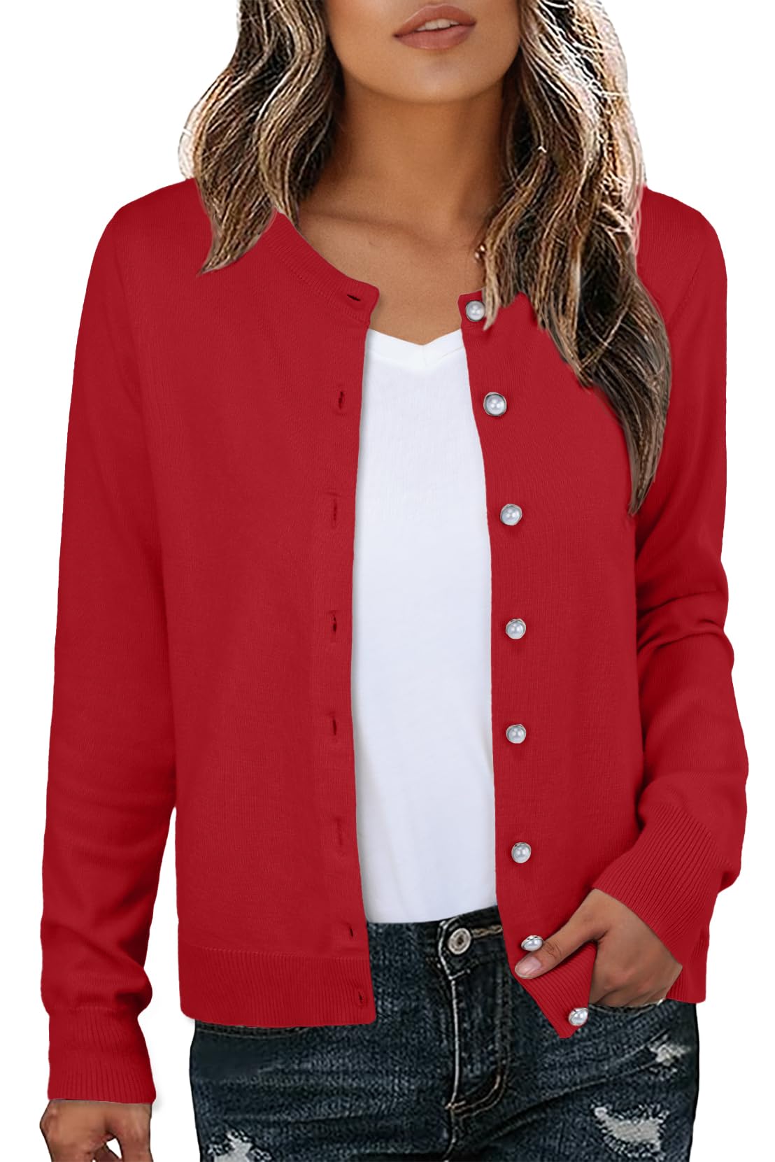 GRECERELLE Cárdigan suave para mujer, elegante, ligero, de manga larga, suéter de punto con botones de perlas para mujer, otoño, invierno, citas y fiestas
