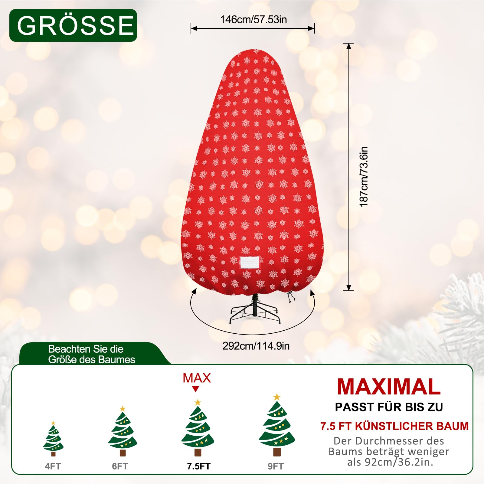 aufrechte Weihnachtsbaum-Aufbewahrungstasche, Baum-Aufbewahrungsabdeckung mit verstellbaren Riemen, reißfeste Weihnachtsbaum-Aufbewahrungstasche für 7.5Foot zusammengebaute Bäume-Schnee Druck