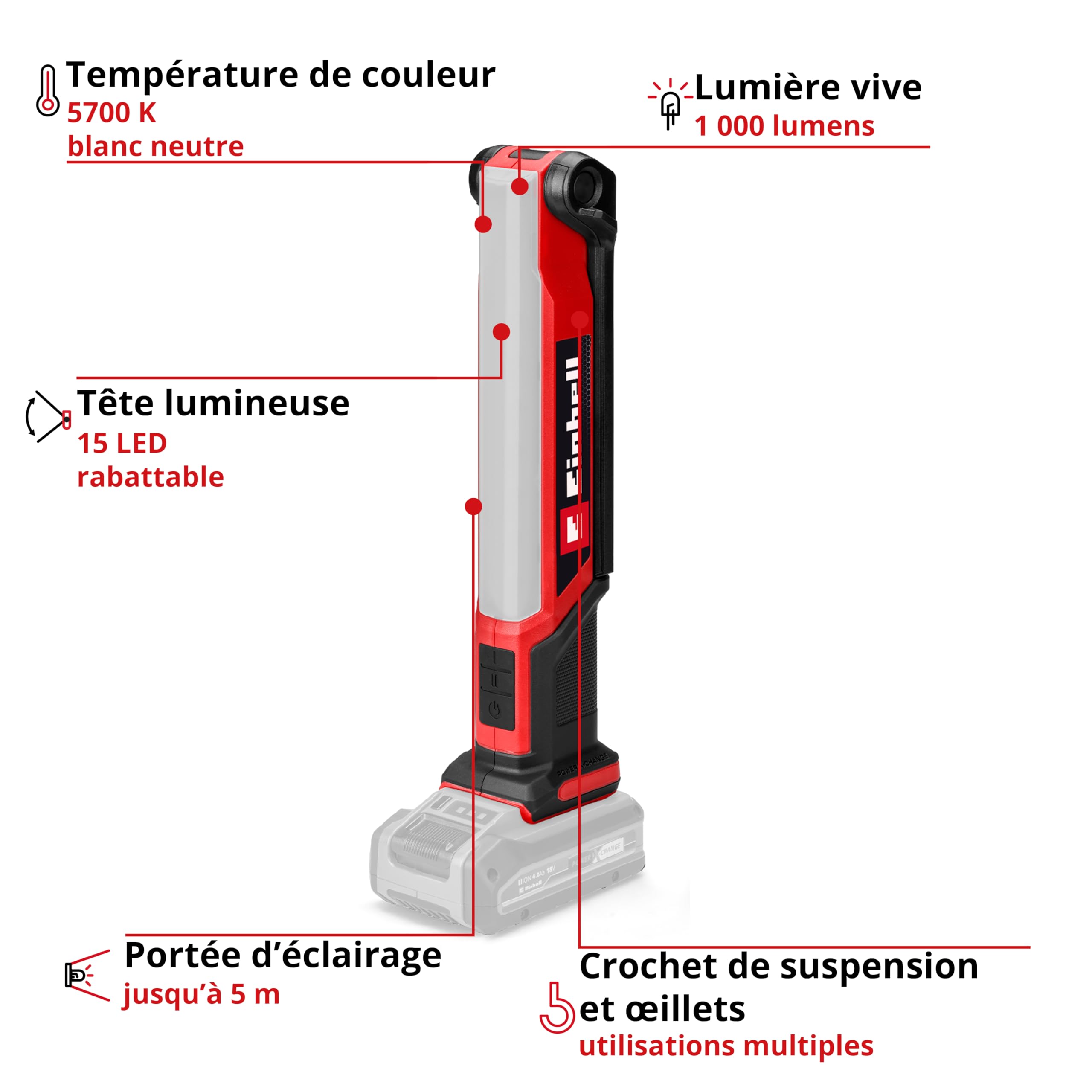 Einhell Lampe sans fil TE-CL 18/1000 S Li-Solo Power X-Change (18 V, tête lumineuse rabattable, 3 options d’éclairage, 15 LED, 1 000 lumens, 5 700 K, sans batterie)