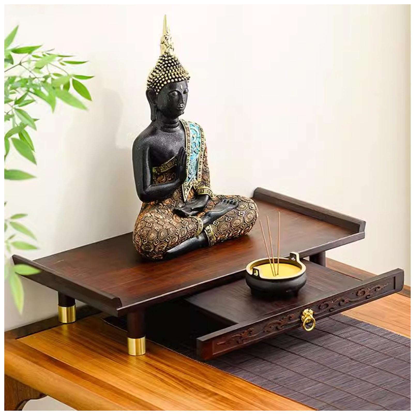 Bamboo Buddha Shrine Personal Shrine Altar Table, Home Incense Table Meditation Altar Shelf, Guanyin God Of Wealth Guan Gong Offering Table, Buddha Statue Sculpture Display Stand Pedestal