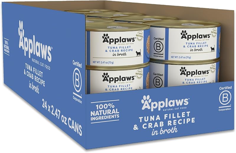 Ração úmida para gatos Applaws Filé de Atum com Caranguejo em Caldo, 24 latas de 70 g