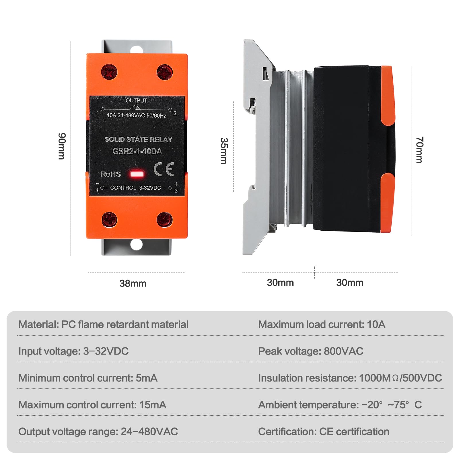 Rele Solid State 12V 220V Piccolo relè a stato solido monofase SSR DC 3-32V AC 24-480V GSR2-1-10DA (con dissipatore di calore).