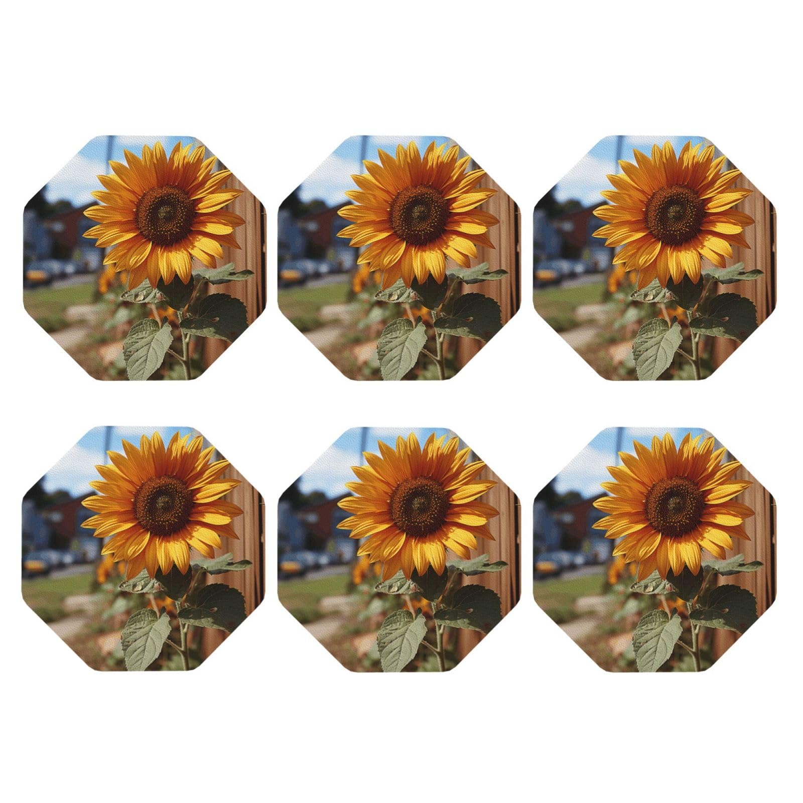 6pcs Leather Coasters for Drinks, Farm Sunflower Drink Coasters for Tabletop Protection, 4" Cup Coasters for Coffee Table Decor, Non-Slip Drinking Cup Mat for Hot Or Cold Drink