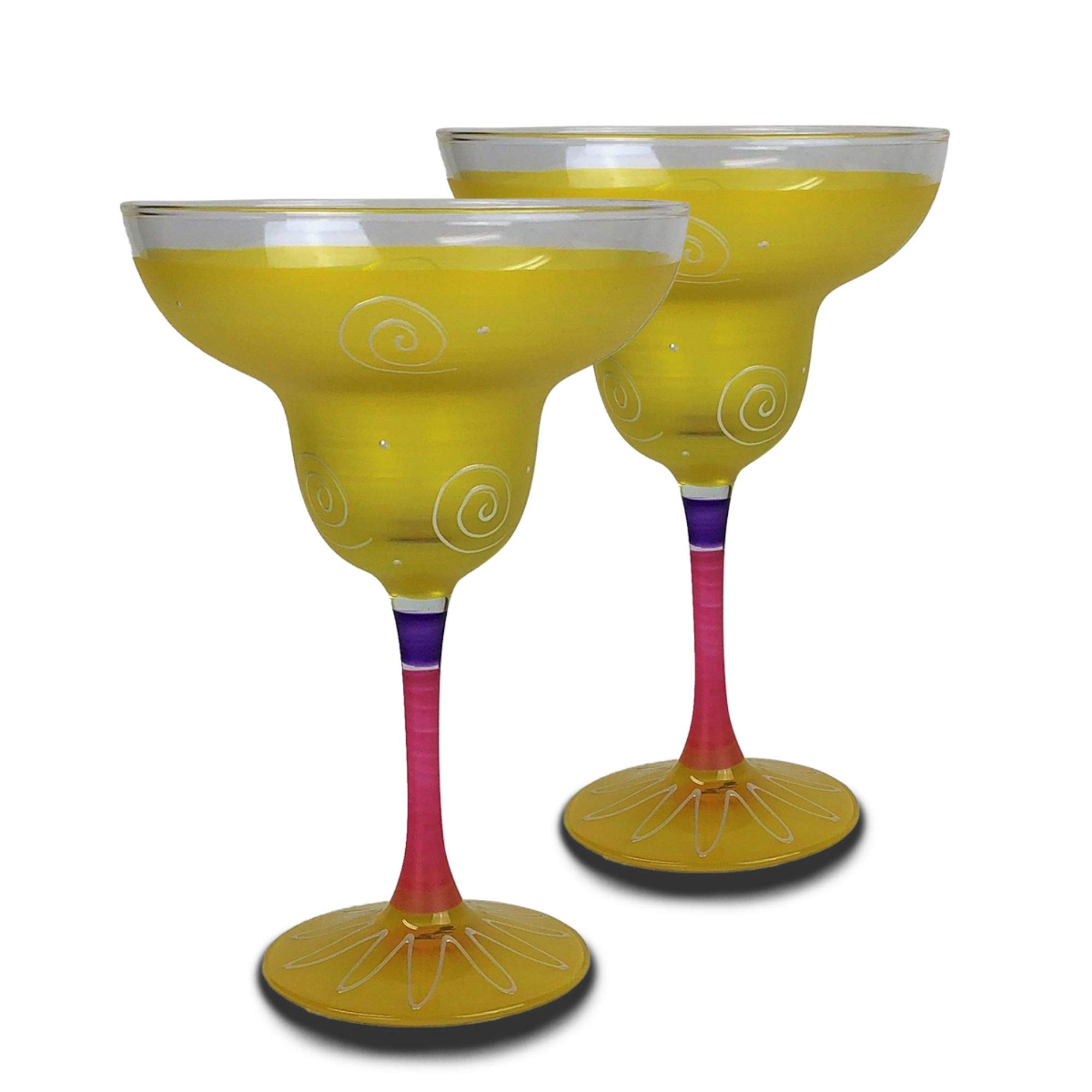 Set of 2 Yellow & White Hand Painted Margarita Drinking Glasses - 12 Ounces