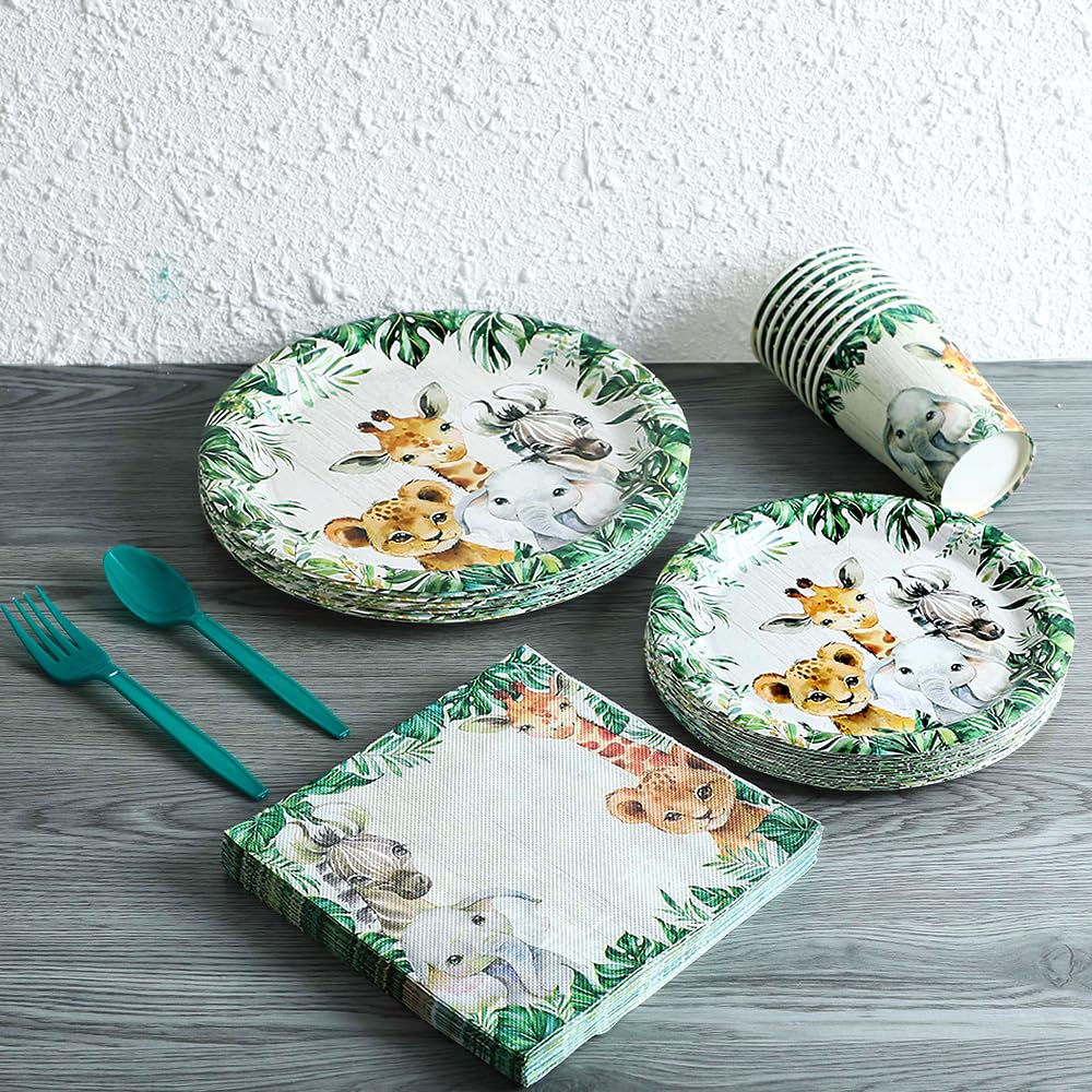 Dschungel-Tier-Party-Geschirrset Für 25 Gäste – Inkl. Teller, Becher, Servietten & Holzbesteck