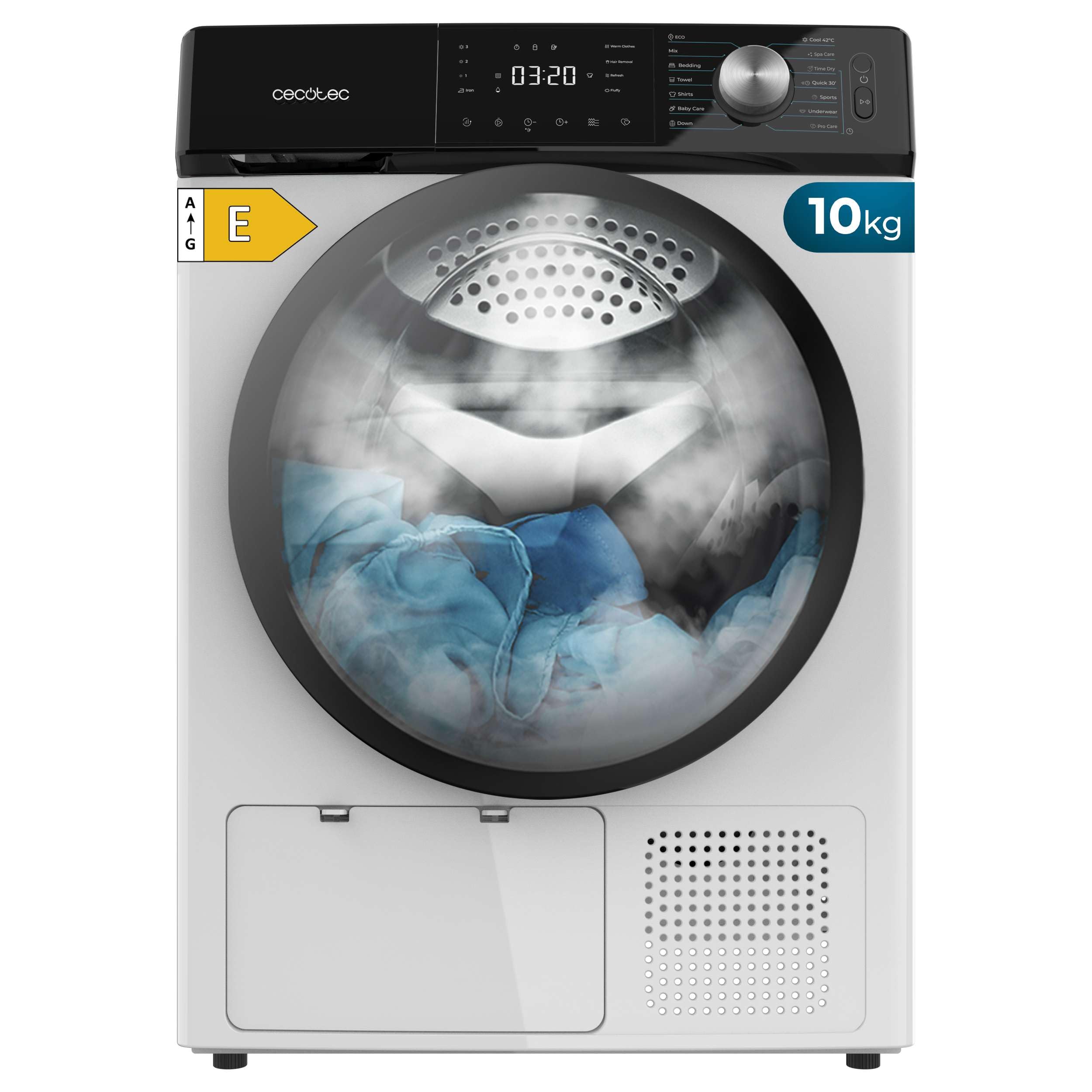 Cecotec Secadora de Ropa Bomba de Calor 10 kg Bolero Dresscode Dry 10355. Clase Equivalente A++, 14 programas, 4 Niveles de Secado, Funciones de Stop&Go, Delay Start, KidLock y DiamondCare, Blanca