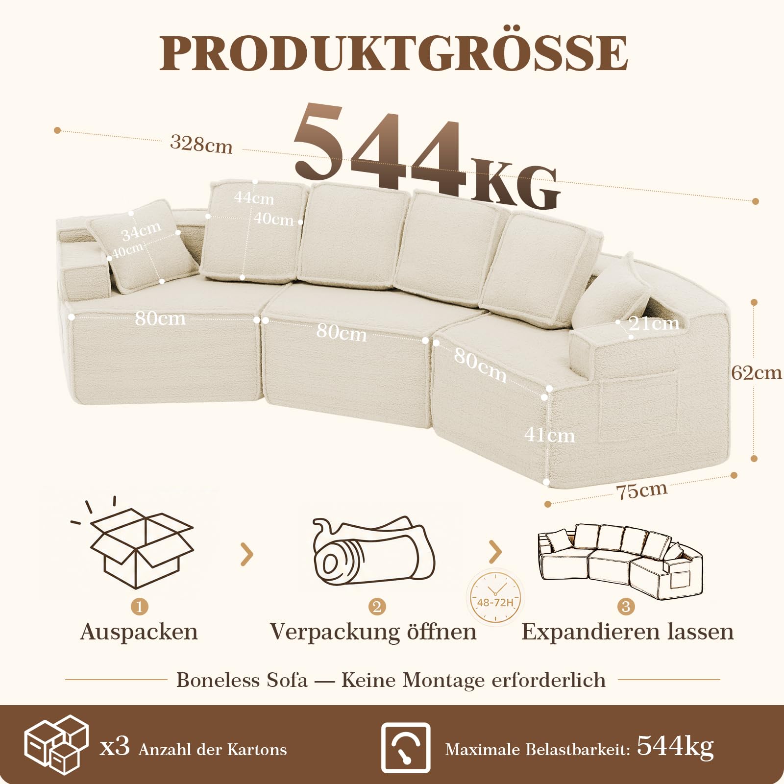 COMHOMA Sofa, modulares Schlafsofa, Polstersofa, 3-Sitzer Sofa, Flexible Sektionscouch,mit Aufbewahrungstasche, Couch mit schlaffunktion, Keine Montage erforderlich, Sherpa-Kunstfell-Bezug, Beige