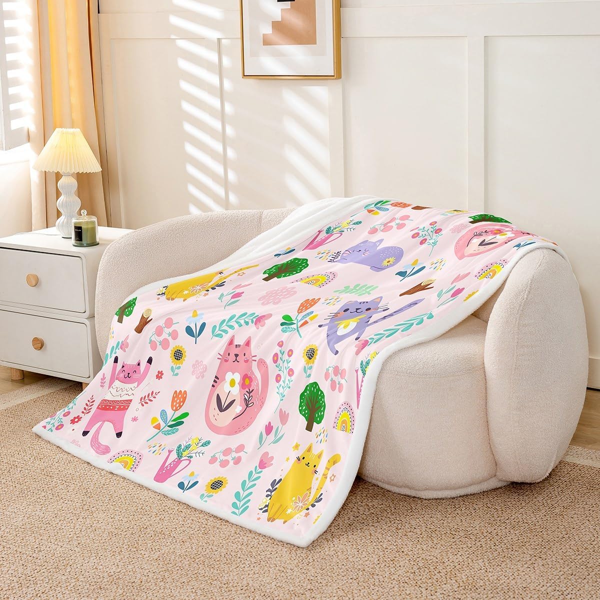 jejeloiu Floral Cat Fleece Throw Blanket Twin 60"x80" for Kids Teens Girls Woman Pink Cats Sherpa Blanket Plush Fuzzy Ultra Soft Flower Leaves Plant Print for Bed Couch Chair Living Room Cute Animals