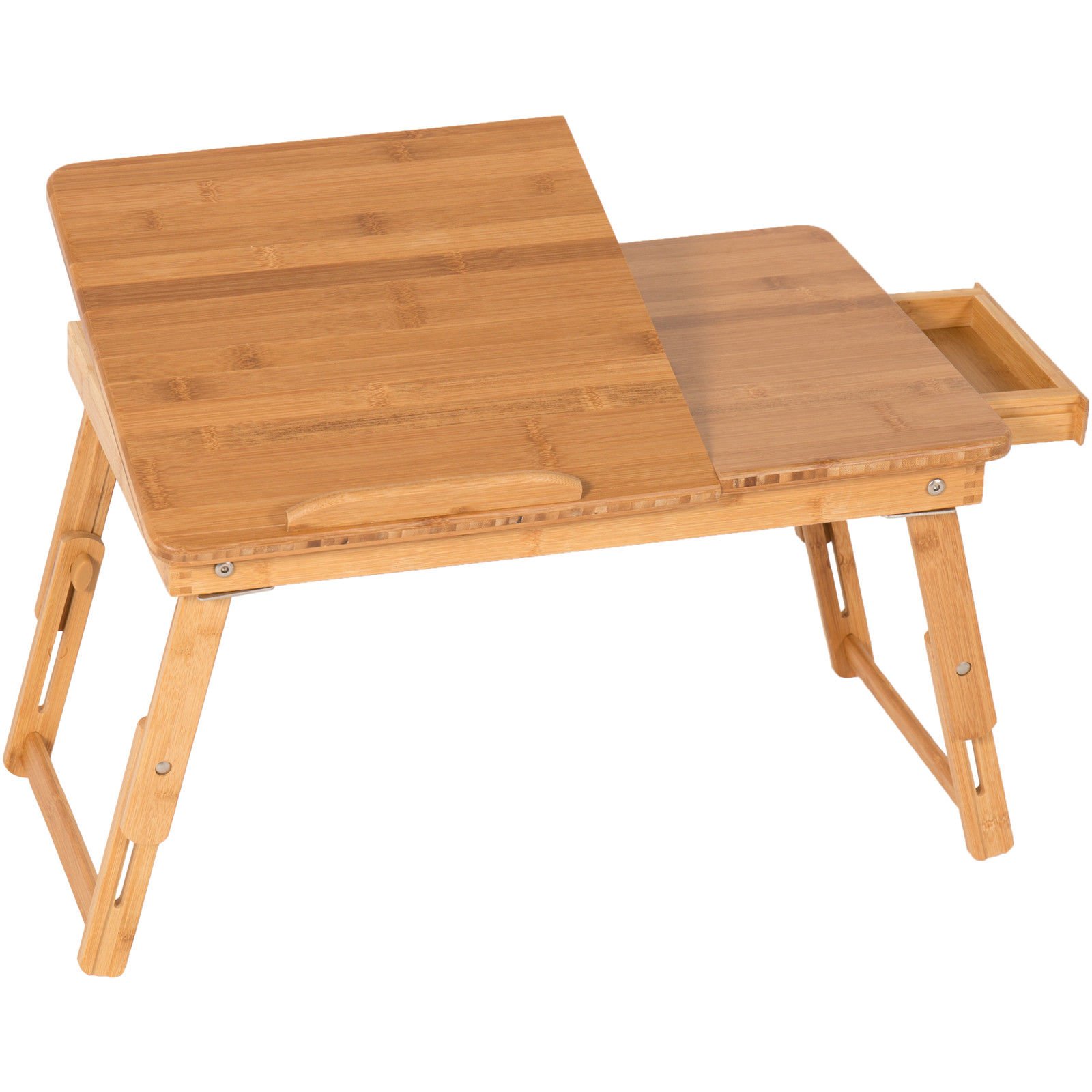Adjustable Laptop Desk Table Tilting Top Drawer Breakfast Bed Tray 100% Bamboo