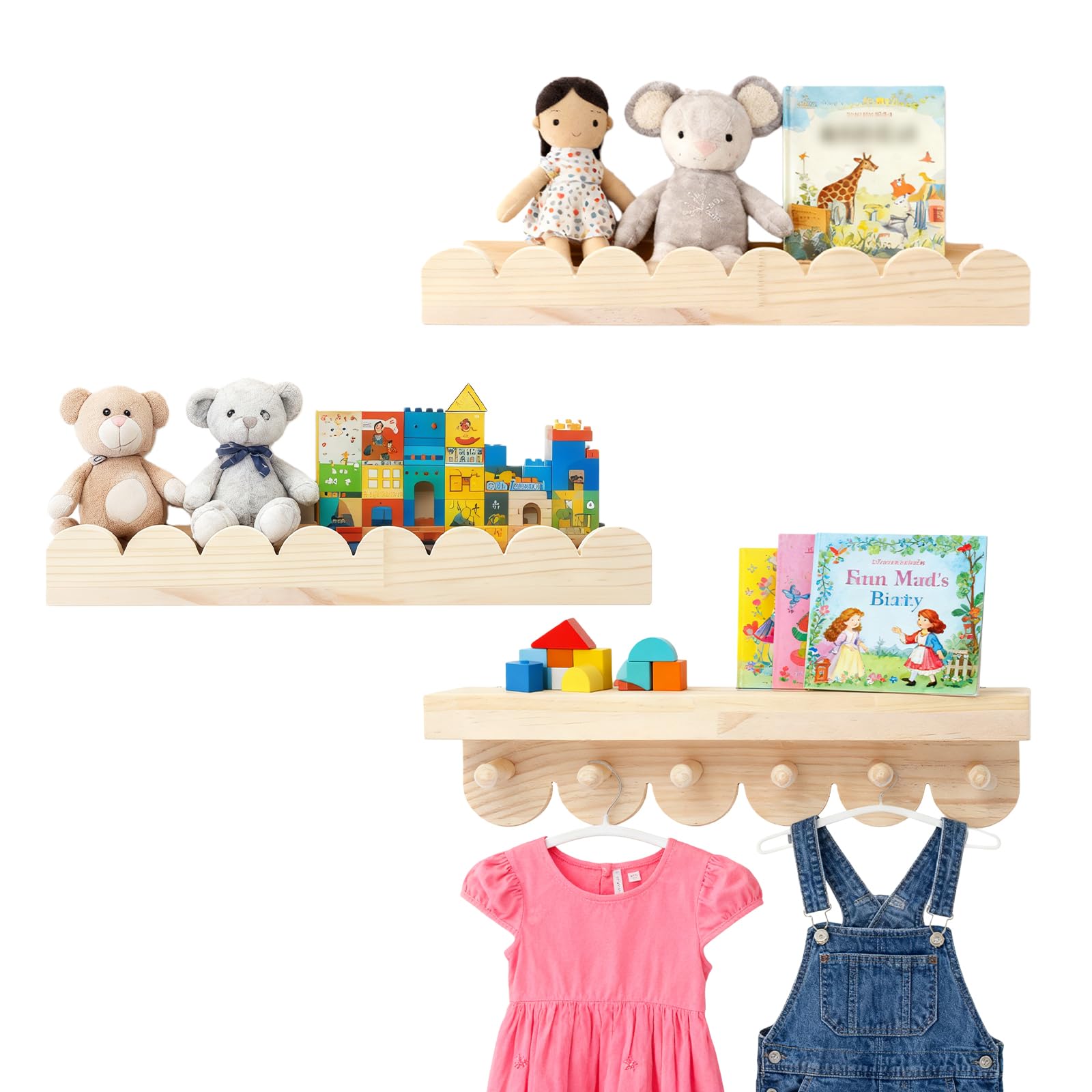 Wandregal Holz Kinderzimmer, 3PCS Bücherregal Kinder Wand mit Holzhaken,Schweberegal ideal für Bücher und Spielzeug, Bücherregal Hängend für Kinderzimmer, Schlafzimmer, Wohnzimmer, Badezimmer, Küche