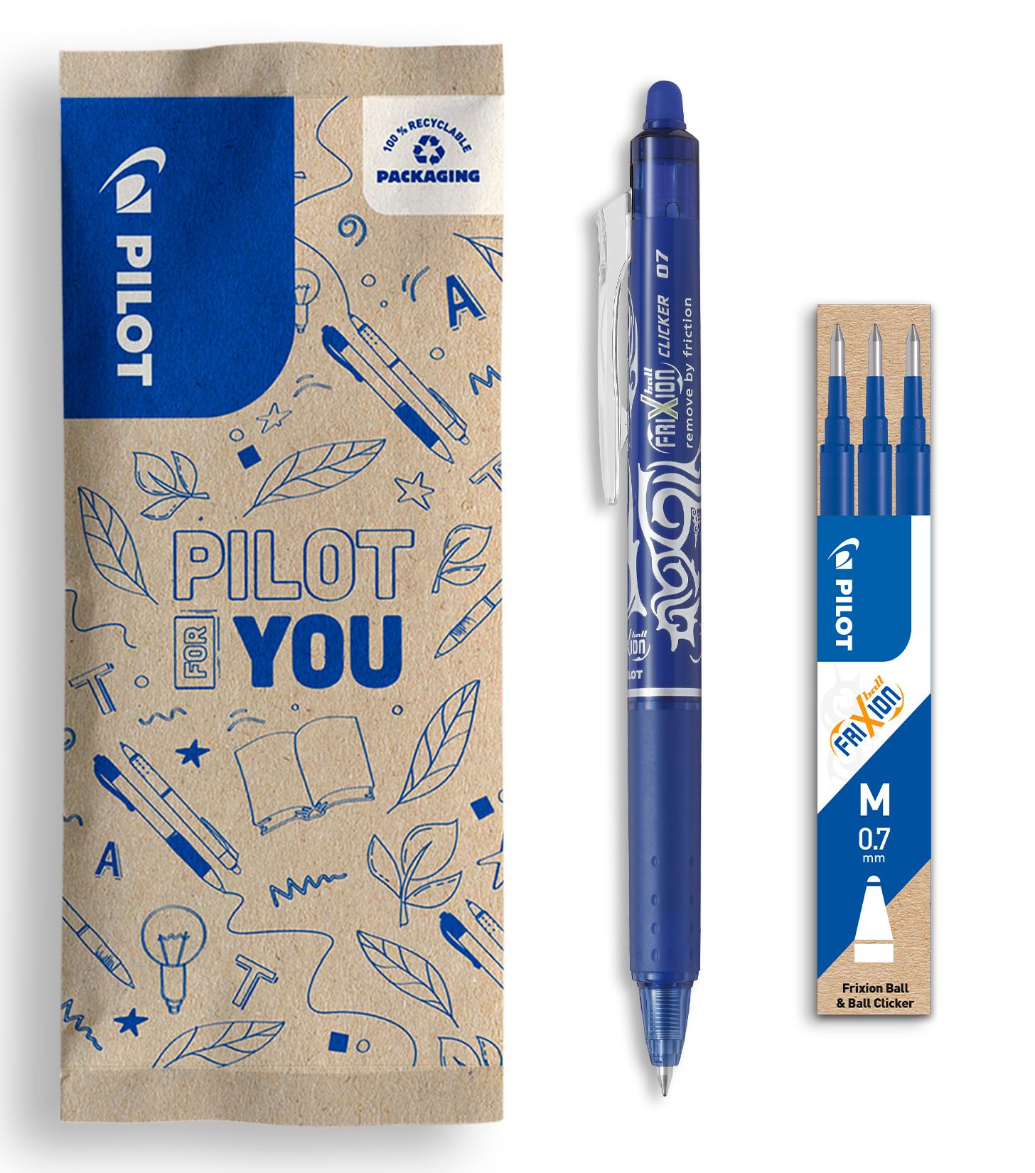 PILOT - Set de 1 Frixion Ball Clicker + 1 Set de 3 recambios - Bolígrafo retráctil borrable con tinta termosensible - Rollerball recargable y ergonómico - Azul - Punta media