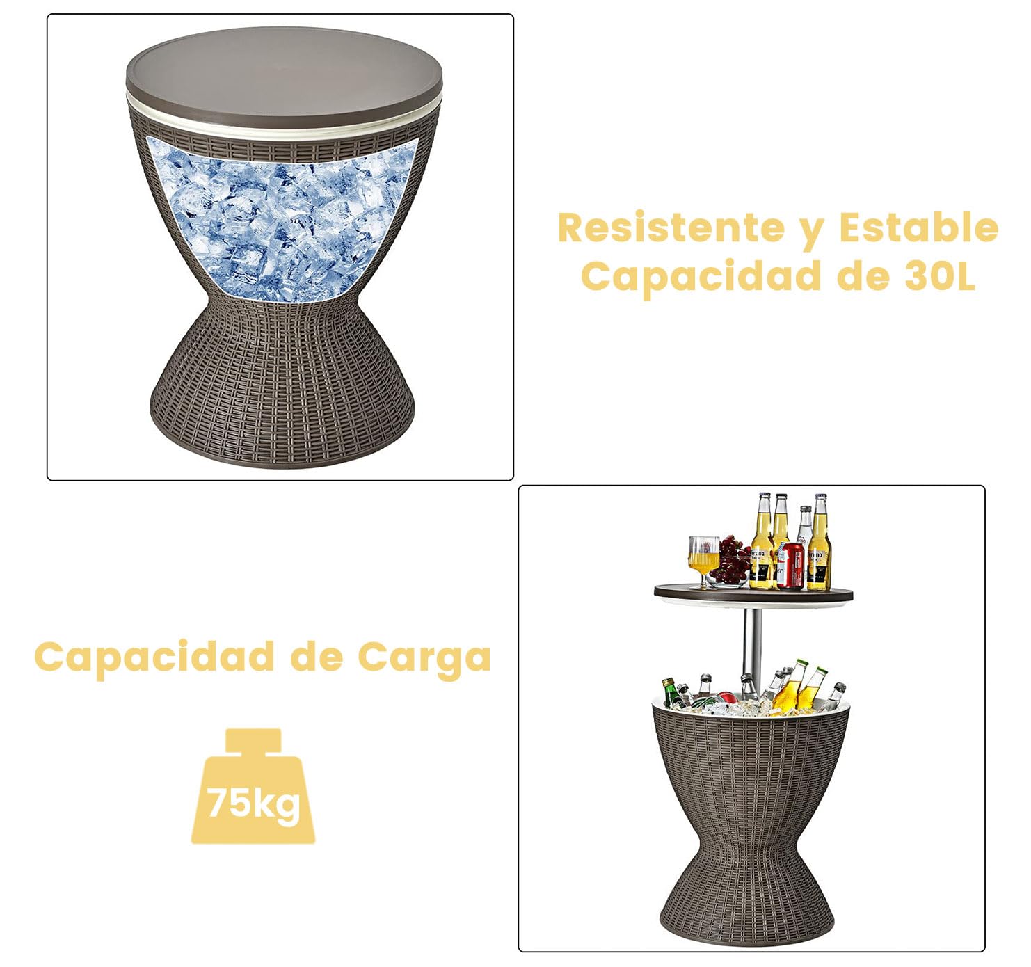 RELAX4LIFE 3 en 1 Mesa Nevera Jardin 30L con Tapa Extraíble Tablero Elevable 57,5/82 cm, Mesa Jardin Exterior de Ratán PP con Orificio de Drenaje, Hielera para Fiestas, Camping, Carga 75KG (Café)