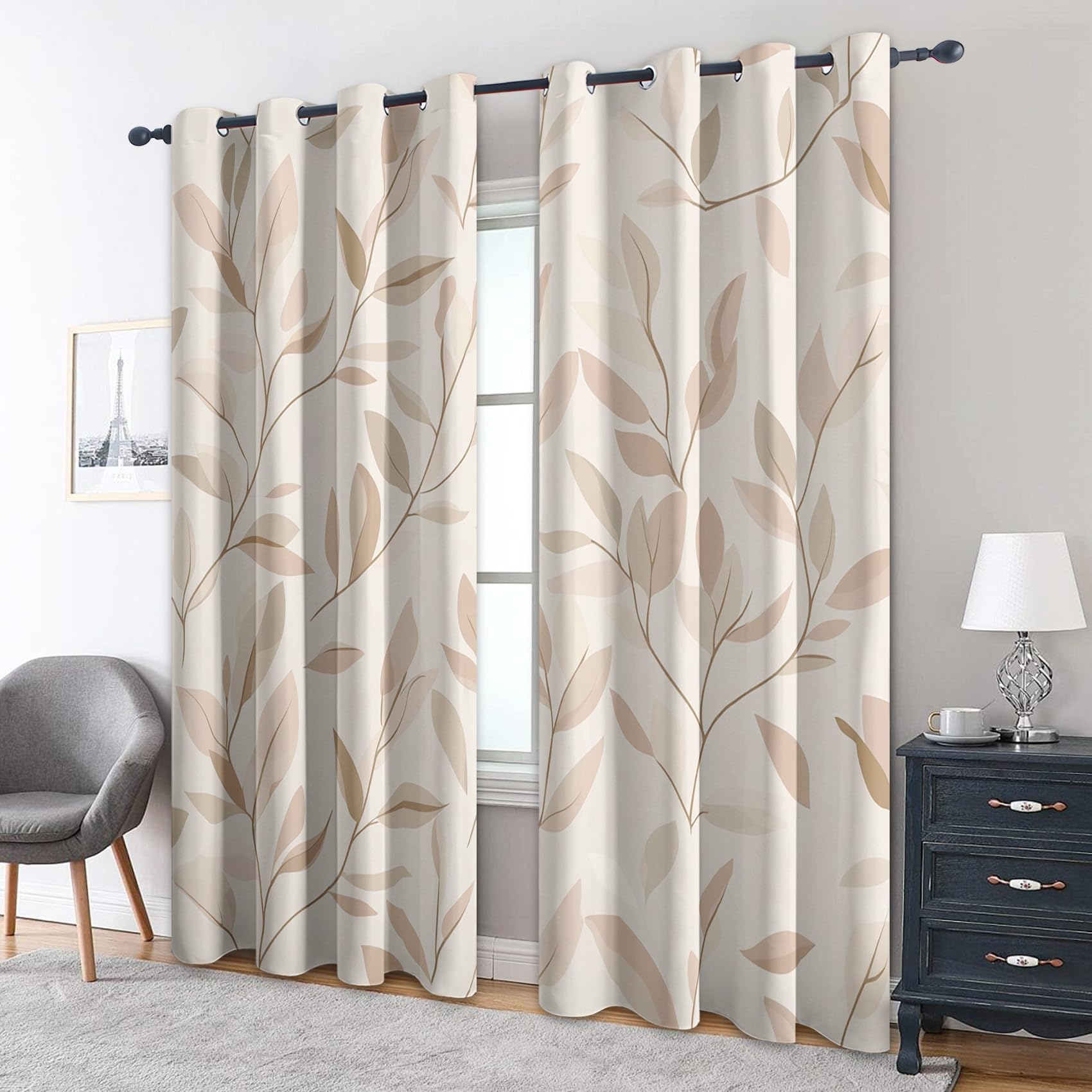 Leaf Curtains Bedroom, 90 x 108 - Plant Blackout Curtains & Decor, Living Room, Eyelet Patterned Window Drapes, 108 Inch Drop 2 Panels （PUI44）