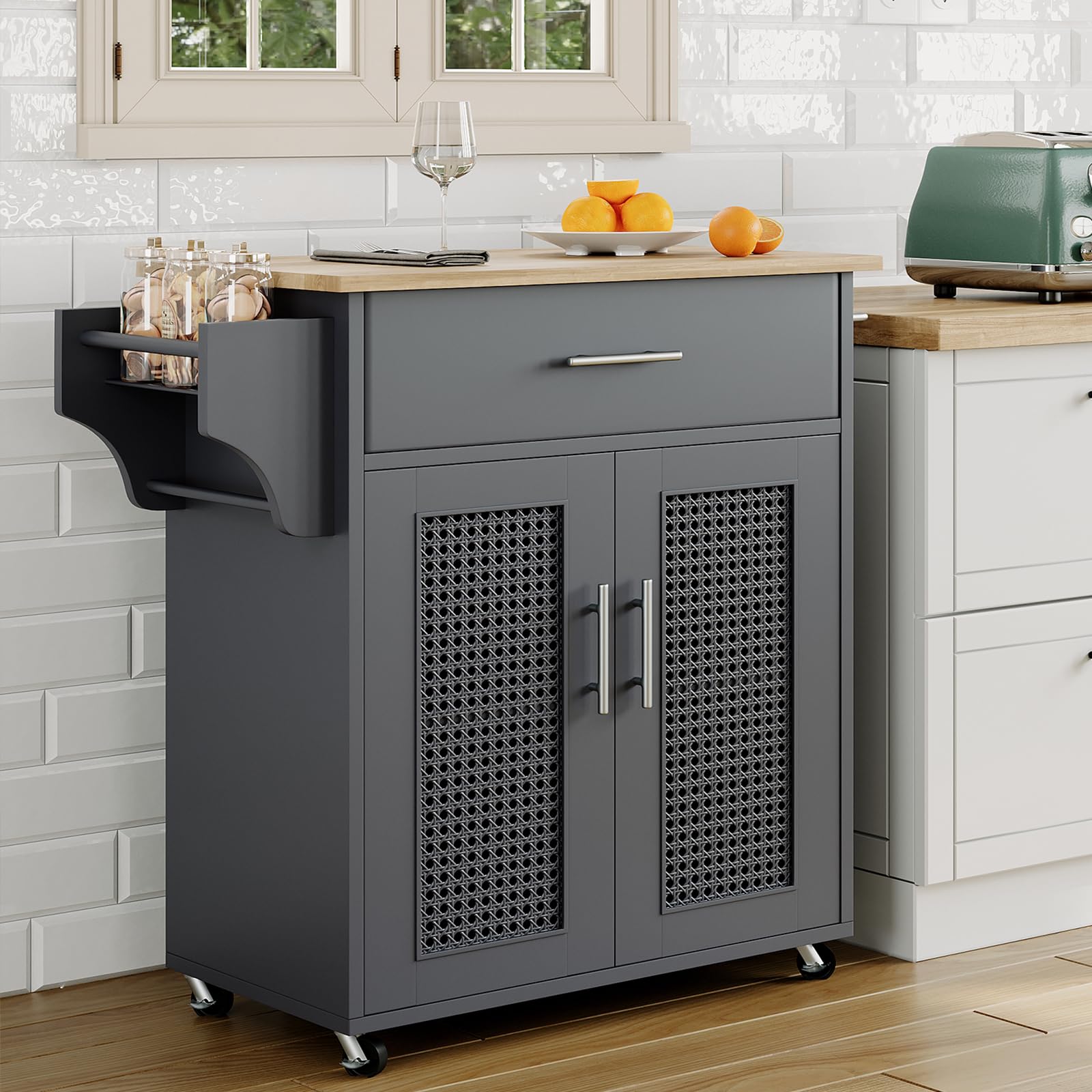 35.1" Kitchen Island with Storage, Rolling Kitchen Island on Wheels with Solid Wood Countertop, White Kitchen Cart with Rattan Storage Cabinet, Spice Rack, Towel Rack and Drawers（Grey）