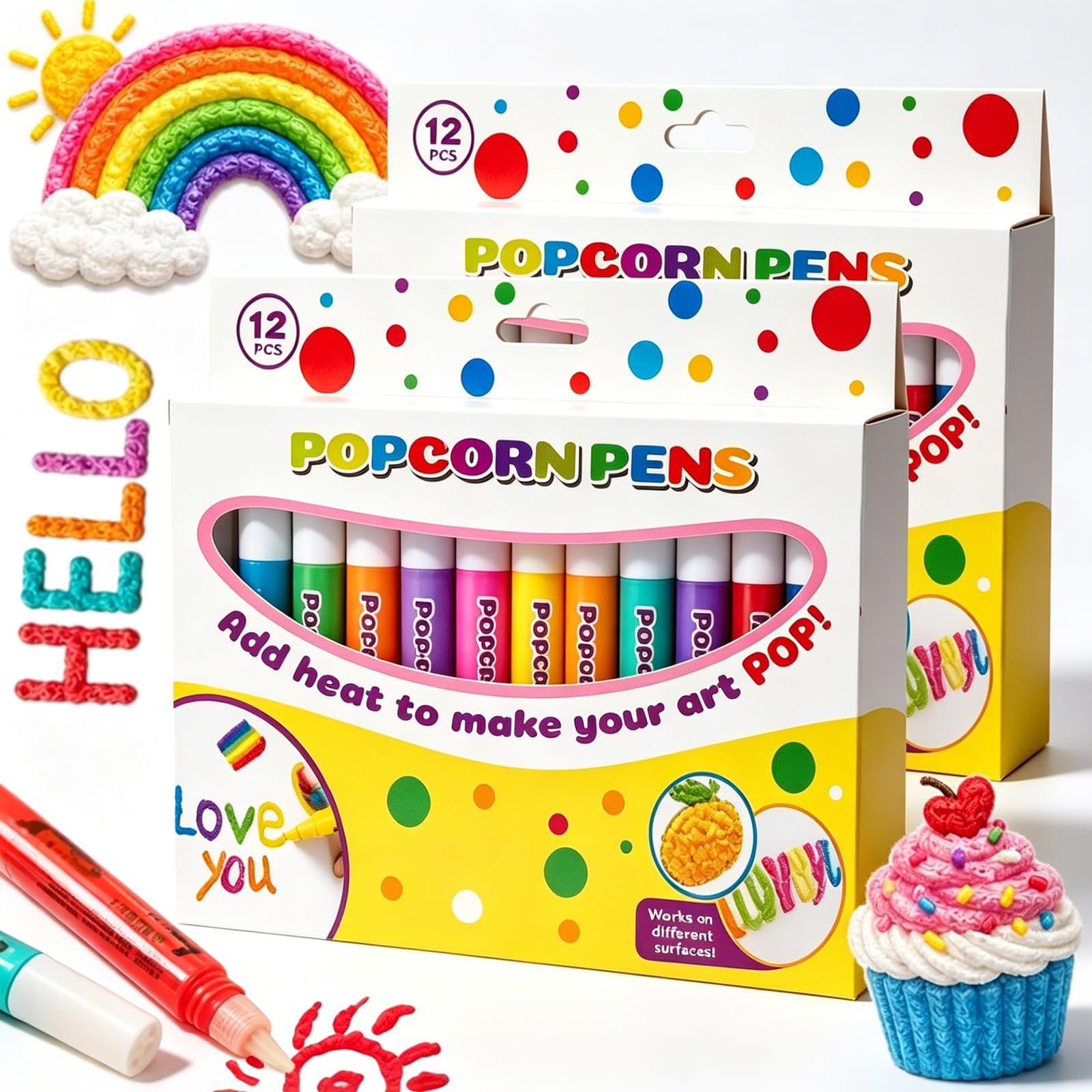 12 Colours 3D Popcorn Pens Kit, DIY Puffy Velvet Drawing Popcornpens，2 Set