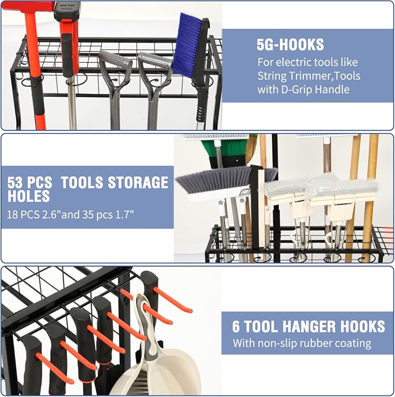 Garden Tool Organizer for Garage, Garden Tool Rack, Up to 58 Long Handled Tools, Yard Tool Holder for Garage, Shed, Outdoor, Tool Stand, Black (Garden Tool Rack)