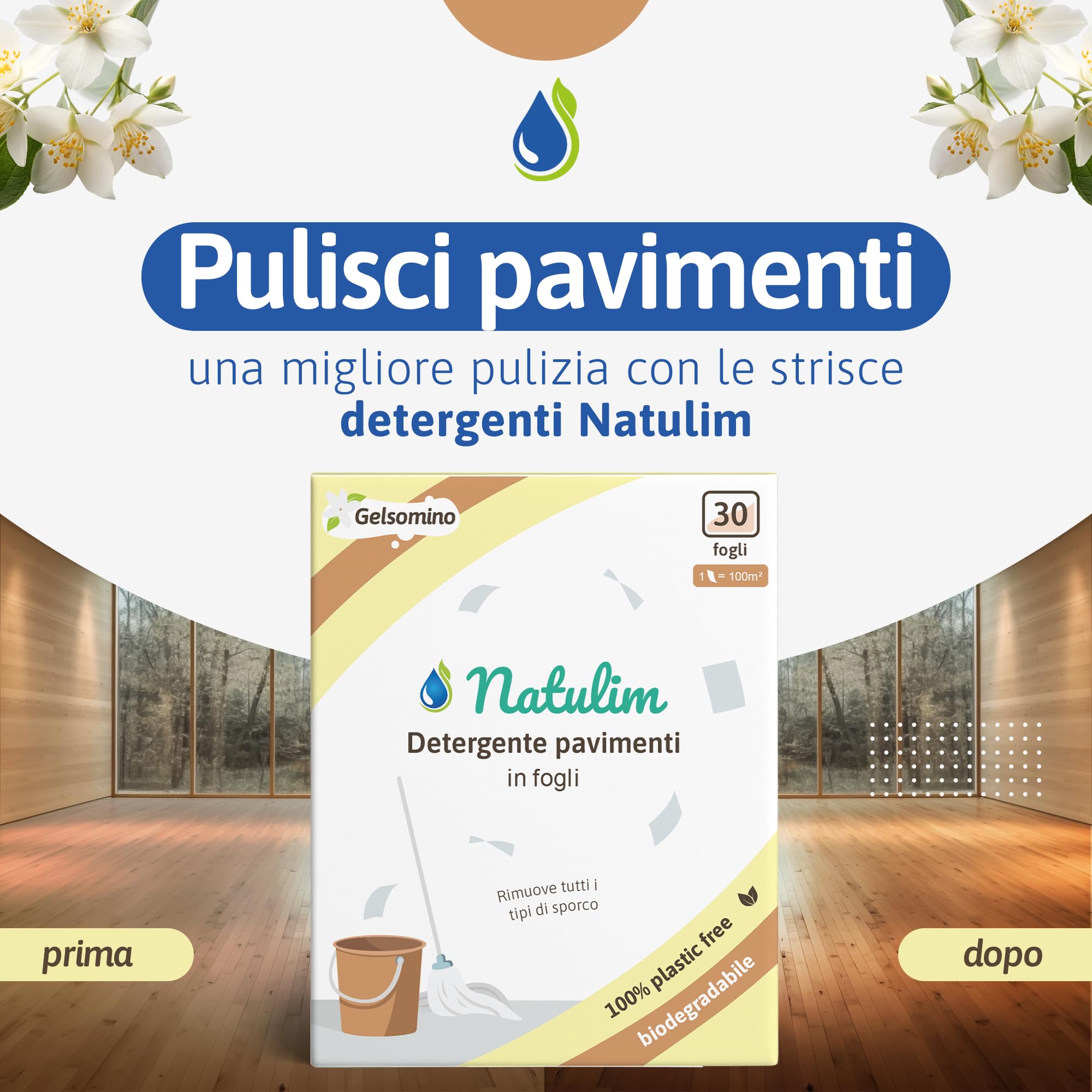 NATULIM - Detersivo Pavimenti Ecologico in Fogli - Detergente Pavimenti Non Schiumogeno per Robot Lavapavimenti e Parquet - 150 Usi - Fragranza Gelsomino