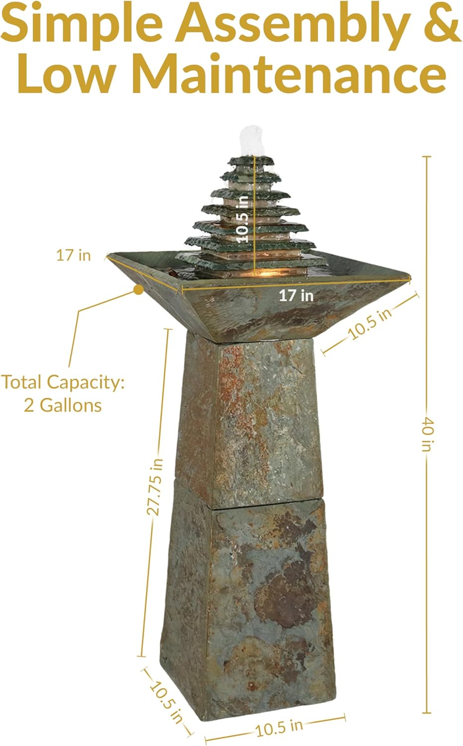 Sunnydaze 40-Inch Slate Outdoor Water Fountain - Layered Pyramid Outdoor Water Feature with LED Lights for Patio, Deck, Garden