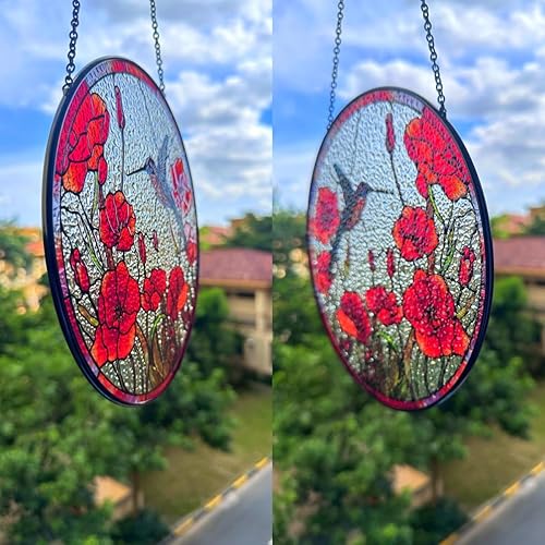 Miniatura 6 de Atrapasoles de colibrí con vitrales, diseño original de 7.8 pulgadas, adorno de amapolas rojas de colibrí para atrapasoles para ventana interior