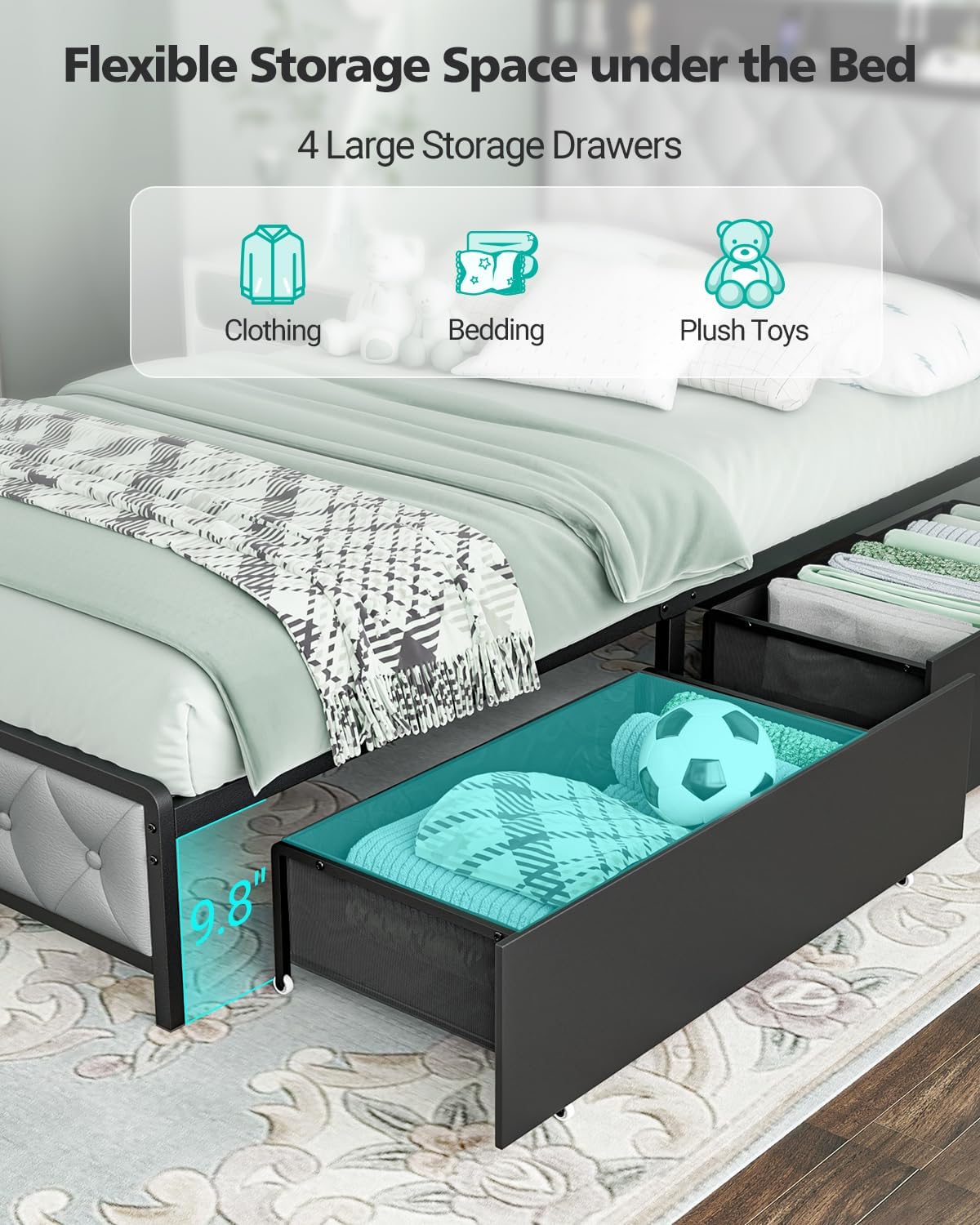 Twin Bed Frame with Button Headboard, PU Leather, All-Metal Support Platform LED Twin Bed with Storage and Outlets, Easy to Install, Stable, Noise-Free (Grey)