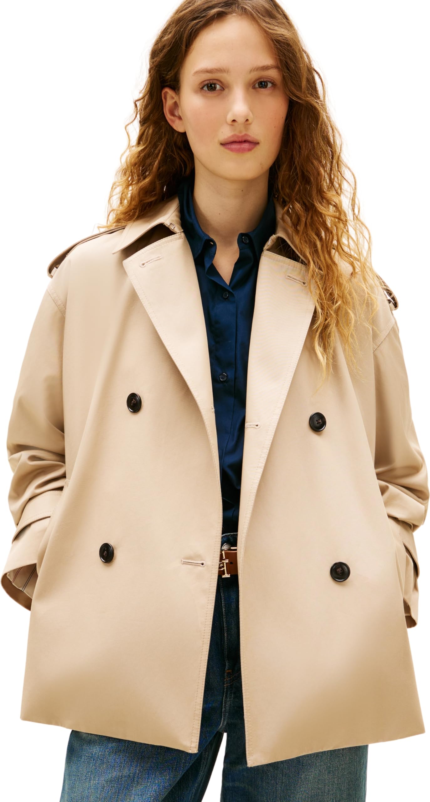 Tommy Hilfiger Women's Beige Water Repellent Relaxed Short Trench Coat