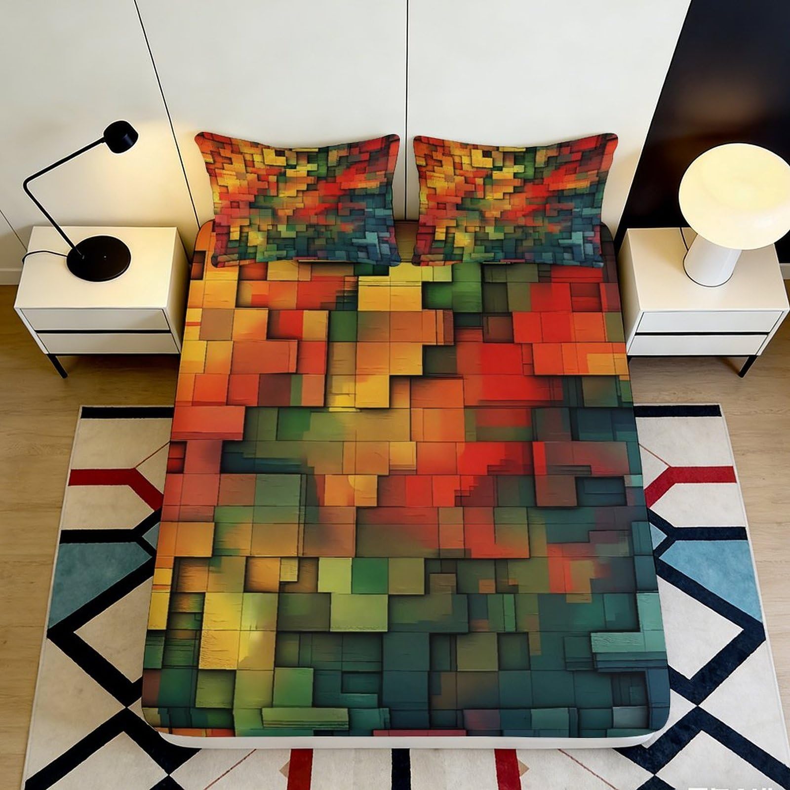 3D Printed Abstract Geometric Fitted Sheet Microfiber Soft Colorful Mosaic Bed Cover for Bedroom Guest Room Decor 90x200x25cm