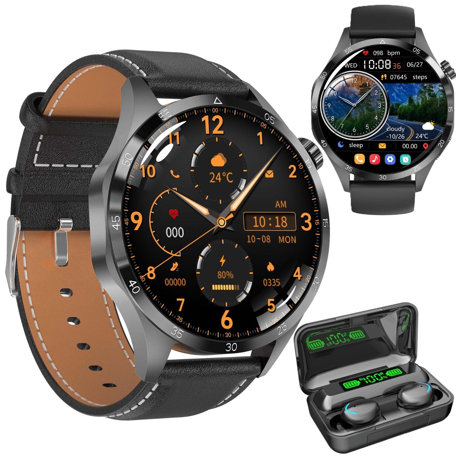 Smartwatch GT4 PRO + Słuchawki Bezprzewodowe Bluetooth | Pulsometr, Ciśnienie, SpO₂, Temperatura, Rozmowy, 11 Trybów Sportowych, IP68, 2 Paski, 580 Tarczy, RDFit, Ekran 1.53" (czarny)