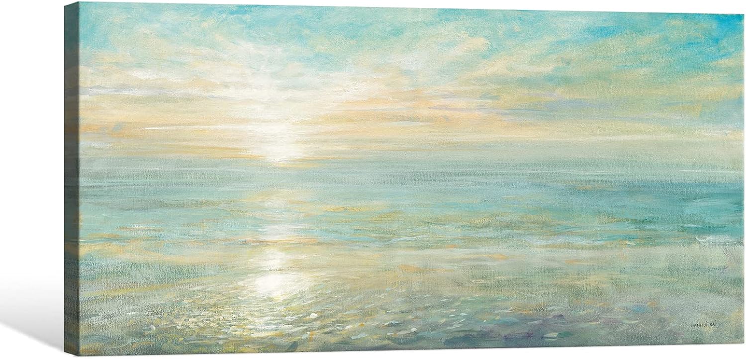 Goldfoilart Beach Sunrise Pictures Ocean Wall Art Coastal Canvas Prints Sea Waves Poster Paintings for Living Dining Room Bedroom Bathroom Framed Artwork Decorations Home Decor 20"x40"