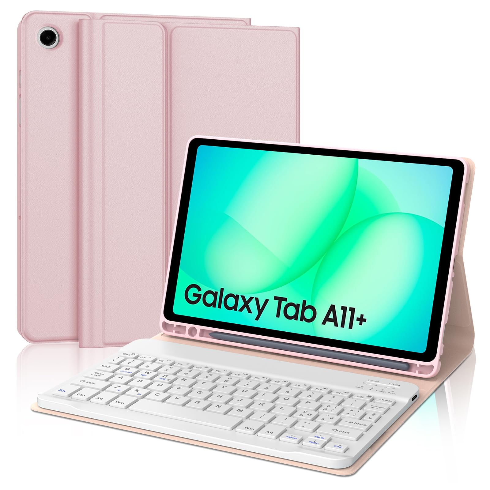 Cover Tastiera per Samsung Galaxy Tab A11+ 2025/A9+ 2023 | Tastiera Bluetooth Rimovibile e Custodia Morbida TPU per Ufficio/Studio/Scrittura, Tastiera Wireless Portatile, Rosa
