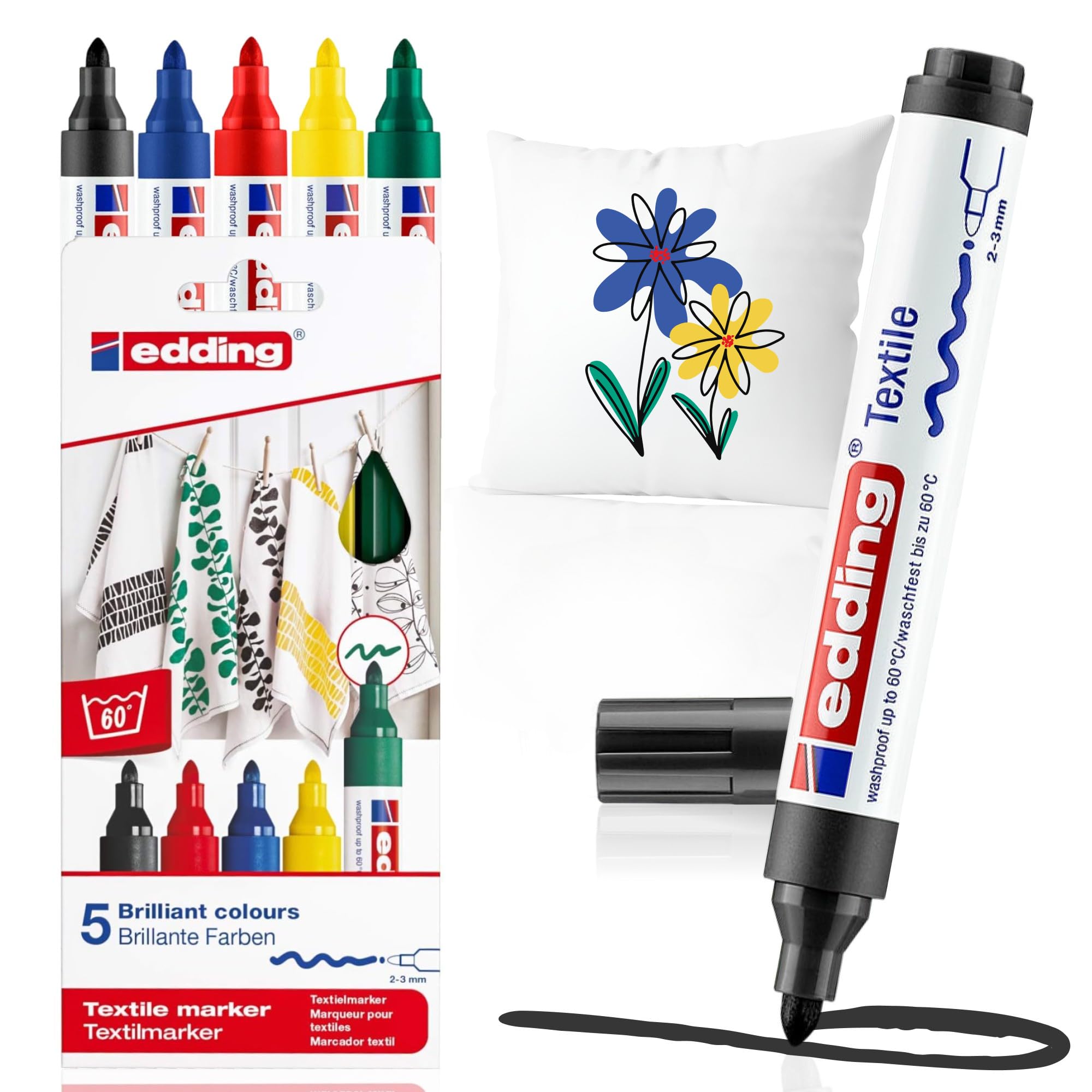 4500 textile marker - black, red, blue, green, yellow - 5 pc. - round nib 2-3 mm - permanent fabric markers for drawing on textiles, wash-resistant up to 60°C - marker pens for fabric lettering