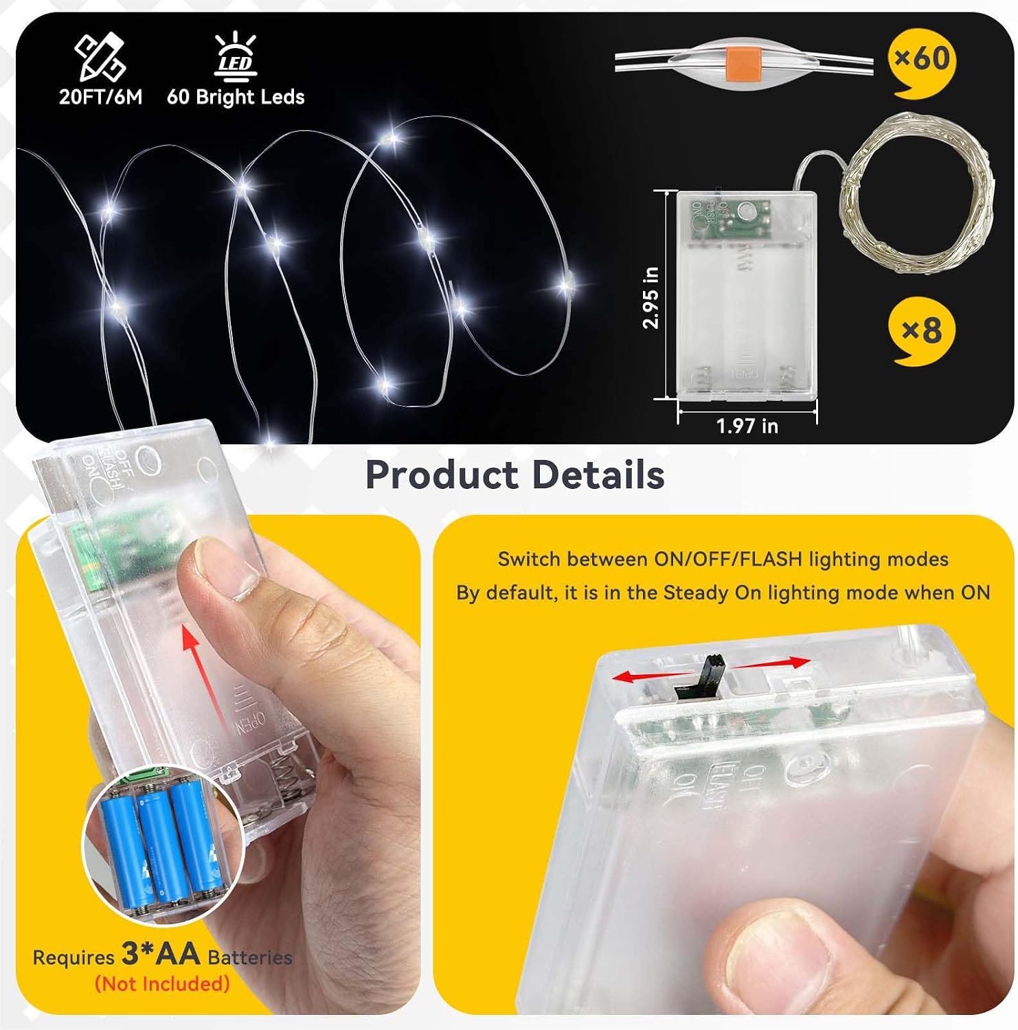 LitHome 8 Pack Cool White Fairy Lights Battery Operated, 20 FT 60 LED Twinkle Lights Battery Operated 2 Modes, Waterproof Led Fairy String Light for Indoor Outdoor Christmas Wedding Bedroom Decor