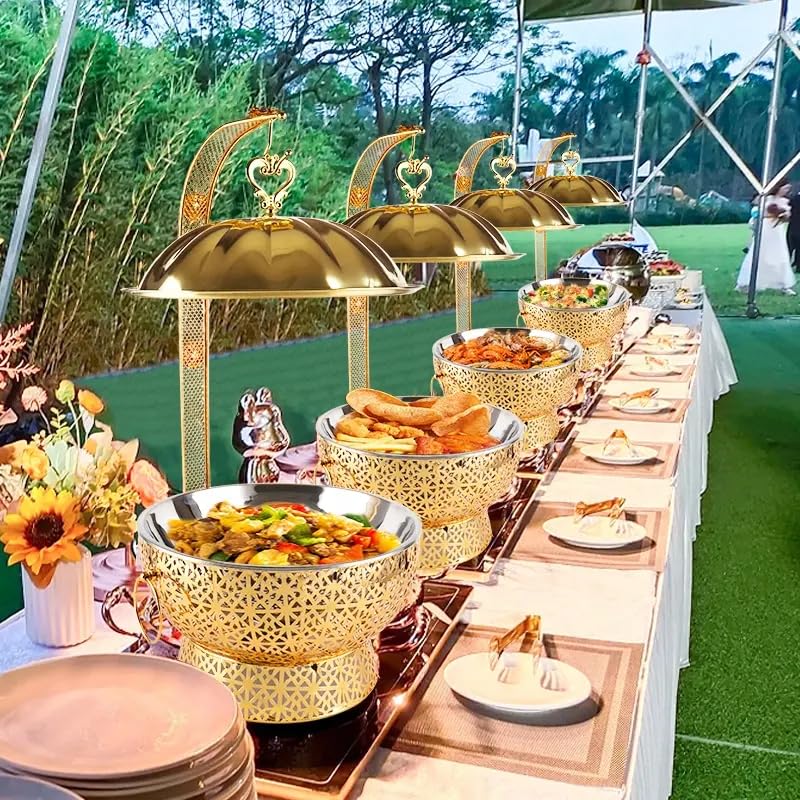 Chafing Dish Buffet-Set 4 Stück, 8 Qt Edelstahl Chafer Buffet Server und Wärmer Sets mit Deckel, runde Aufhängung Typ Chafing Dishes für Partys, Hochzeiten, Catering-Events, luxuriöses Gold