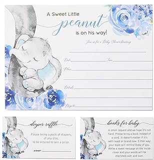 25 Elephant Jungle Baby Shower Invitations and Envelopes (Large Size 5X7 INCHES), 25 Diaper Raffle Tickets, 25 Baby Shower Book Request Cards, Floral Blue Elephant Animal Invites for Boy Baby Showers