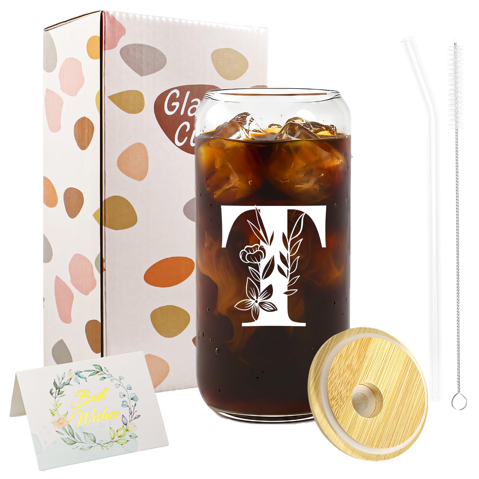 A-Z Initial Personalised Gifts for Women, Birthday Coffee Glass Cups Gifts Set, 16oz Iced Coffee Glass Cup with Lids and Straws, Iced Coffees Cup for Women, Mum, Teachers, Friends, Best Friend (T)