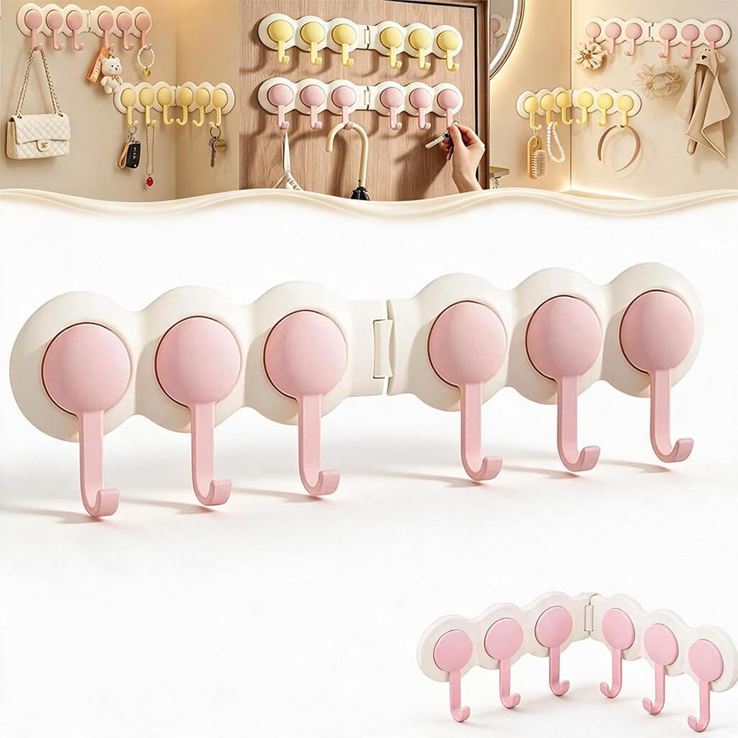 Cute Punch-Free Wall Hook Rack, 180 Degree Rotating 6-Hook Organizer, Coat Rack Wall Mounted ideal for Bathrooms, Kitchens, Entryways & More, Drill-free adhesive installation