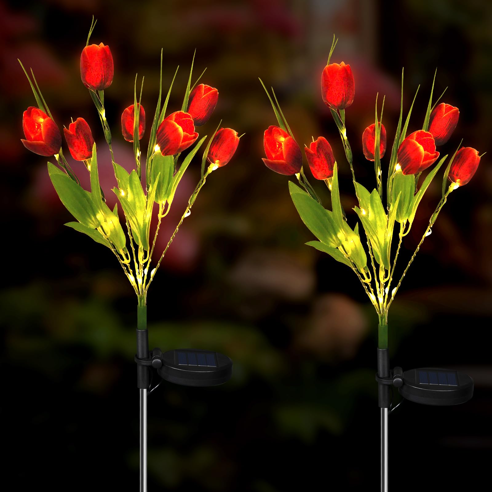 Aolyty 2 Pcs LED Solar Garden Lights, Decorative Waterproof Tulip Stake Light, Outdoor Artificial Ornaments for Grave Patio Pathway (Red)