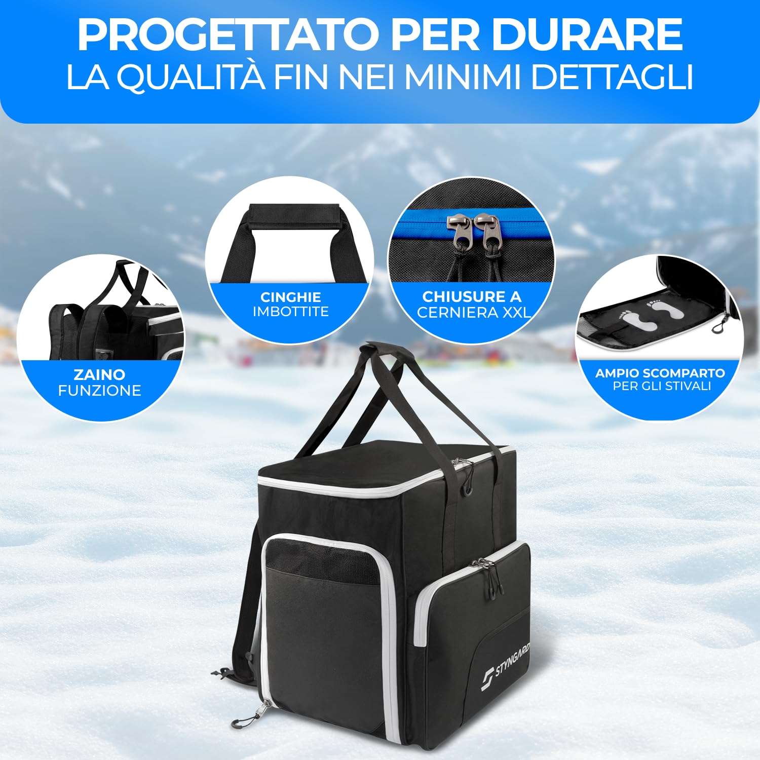 STYNGARD Borsa porta scarponi con scomparto per casco e scarponi [54 L] - Borsa per scarponi da sci con funzione zaino da sci modello Sölden