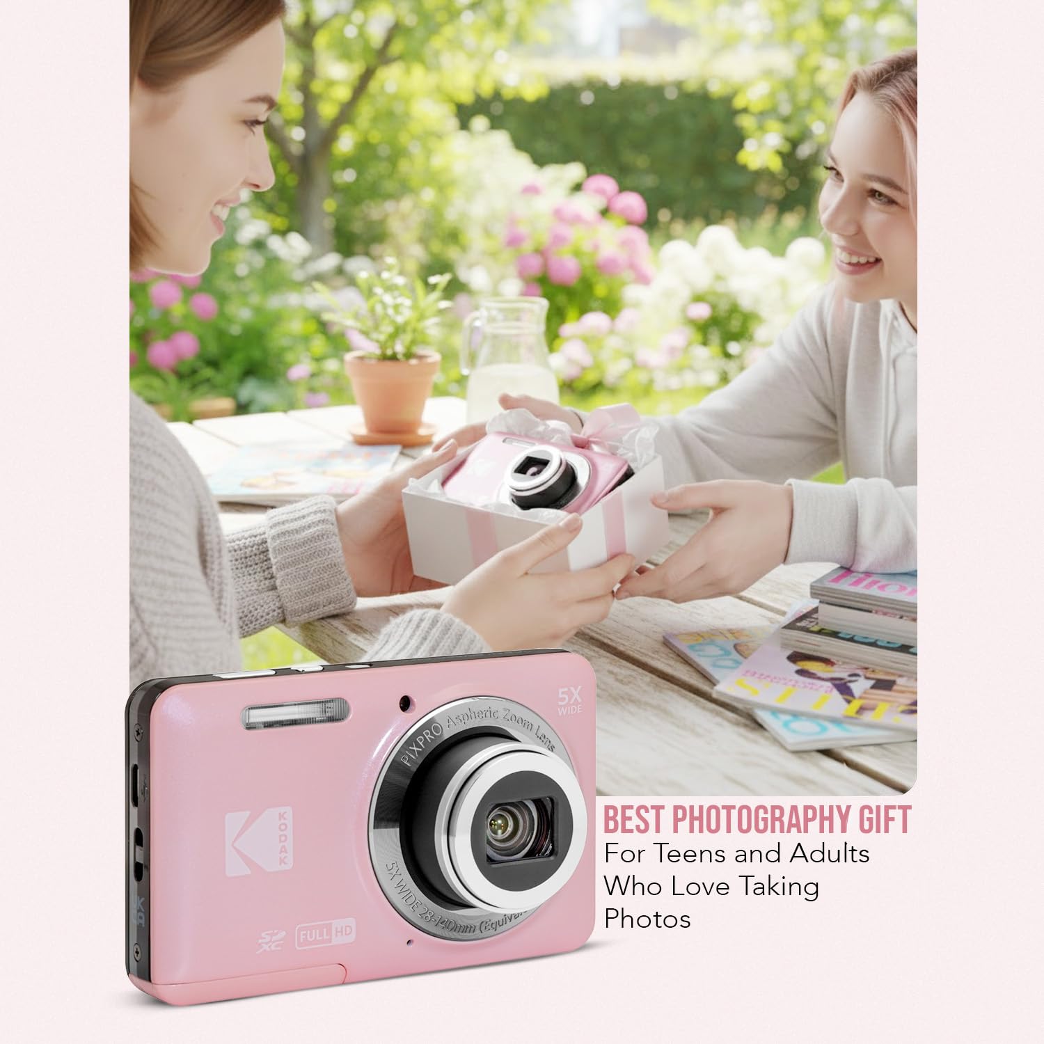 Kodak PixPro - Fotocamera digitale con zoom FZ55, 16 MP, 1080p, Full HD, con zoom ottico 5x, per vlogging (rosa pastello)