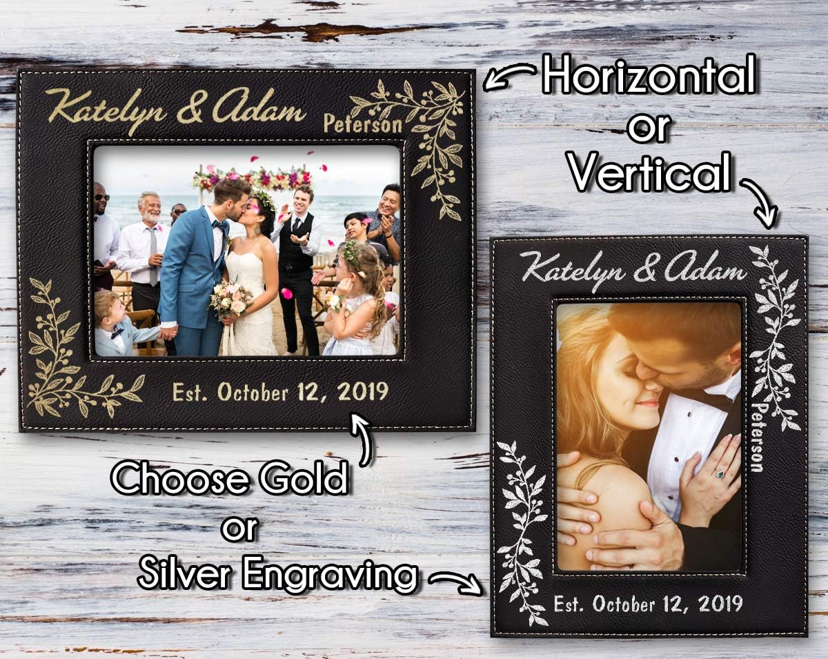 Personalized Newlywed Couples 7x5 Leather Picture Frame Engraved Women Mens Wedding Anniversary Husband Wife