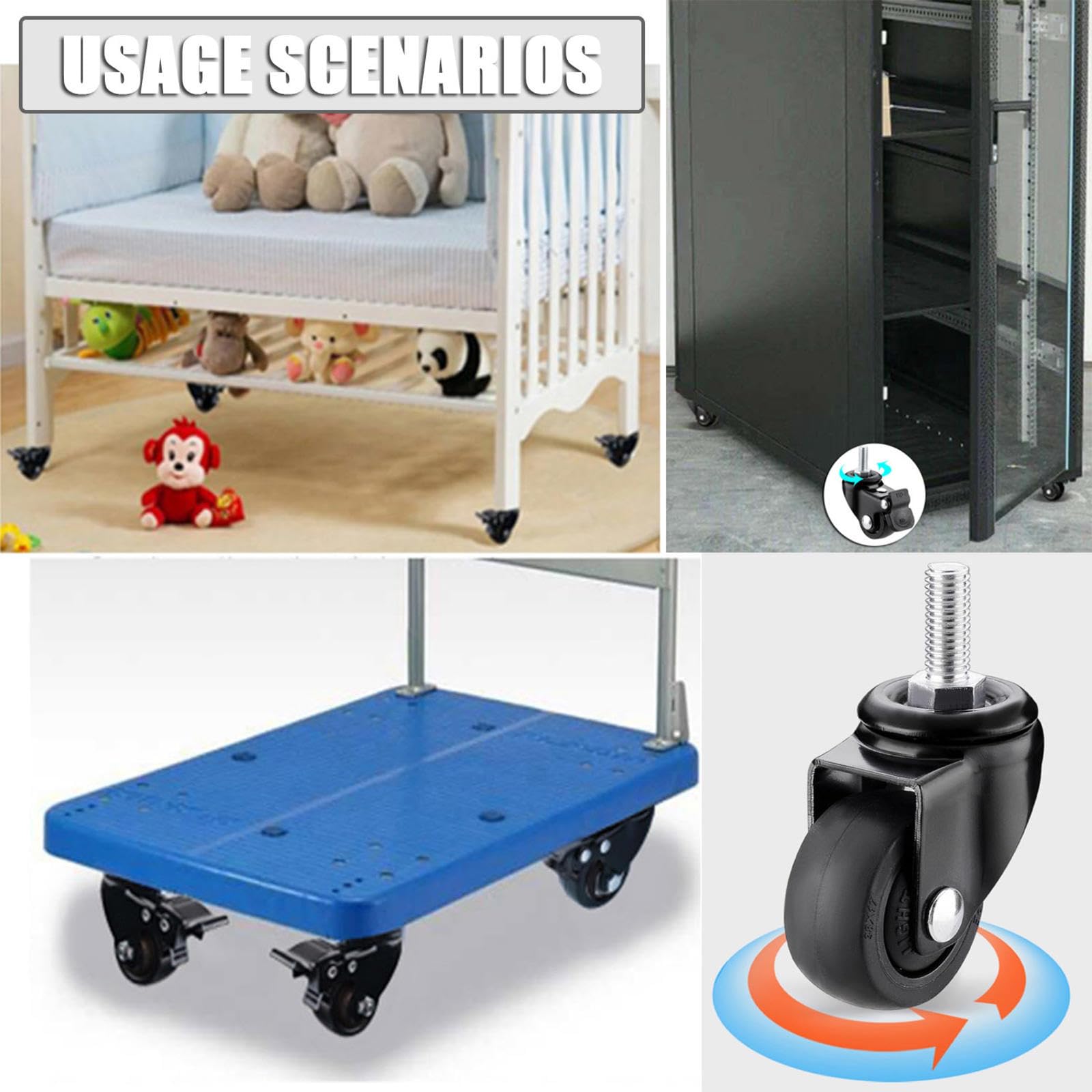 Roulettes silencieuses avec frein,Jeu de 4 Roulettes pour meubles,Roulettes à tige filetée M6/M8/M10,Roues pivotantes pour meubles,Roulettes en caoutchouc pour chariots,4brakes-M6