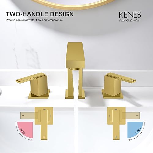 Miniatura 5 de KENES Grifo de baño generalizado de oro cepillado 2 manijas Grifos de lavabo de baño 3 agujeros, oro de 8 pulgadas 3 piezas grifo de tocador con