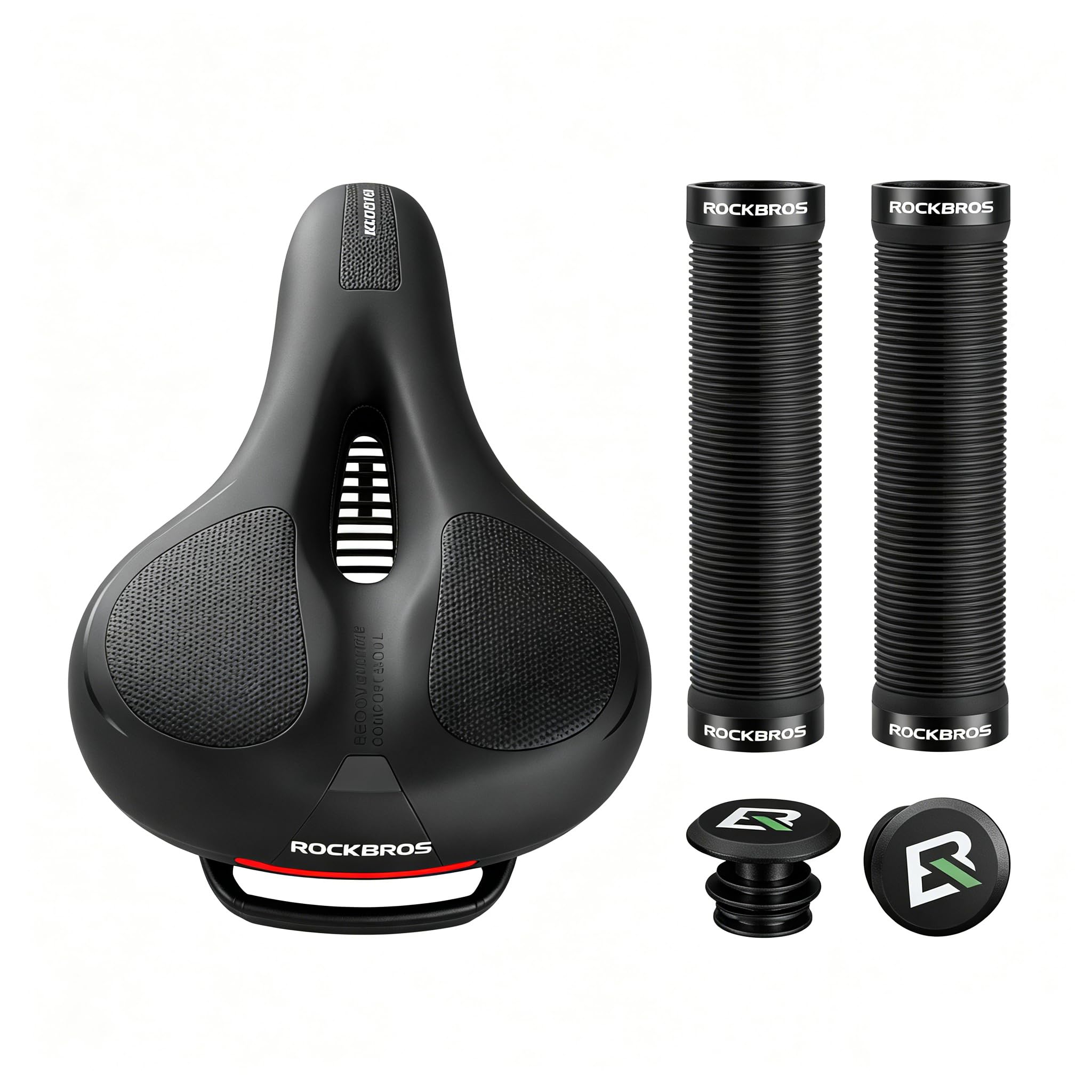 ROCKBROS Sella Ergonomica in Gel Traspirante (22x26cm) + Manopole Bici Antiscivolo con Doppia Chiusura in Alluminio (22mm) – Set per MTB, Scooter e Bicicletta, Uomo Donna