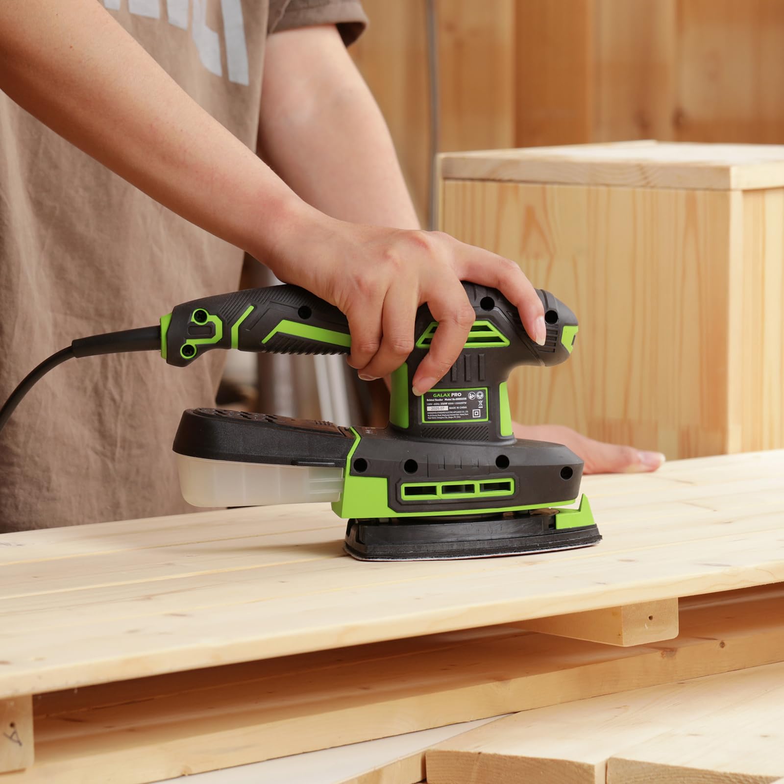 GALAX PRO Ponceuse Excentrique 2-en-1 250W, 6000-12000 tr/min, 6 Vitesses Variables, avec Bac à Poussière, pour Ponçage et Polissage du Bois et du Métal, 12 Papiers Abrasifs Inclus