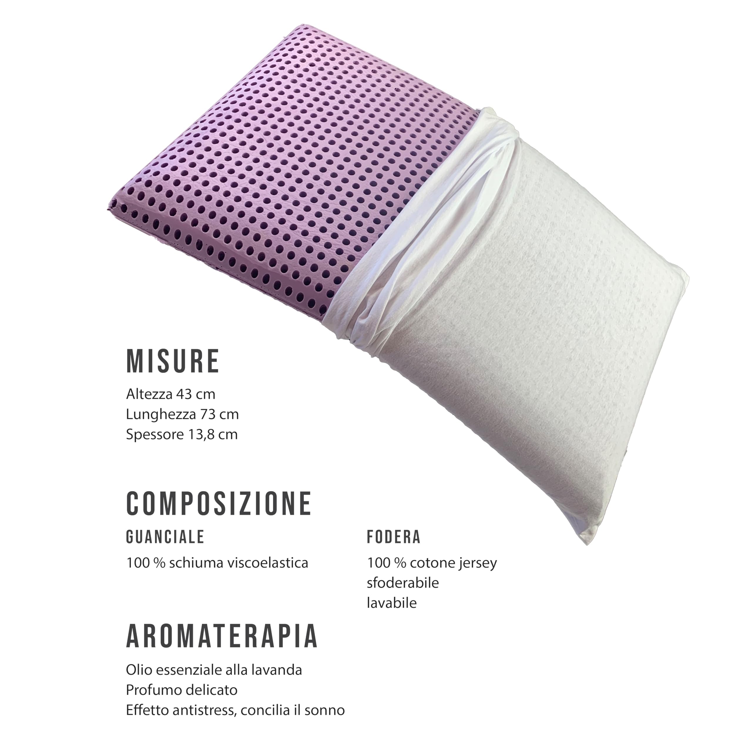 PASSION - Cuscino in memory foam, guanciale in memory foam, cuscini letto matrimoniale memory foam, cuscino cervicale antistress morbido e rinfrescante, 100% Made in Italy (Lavanda)
