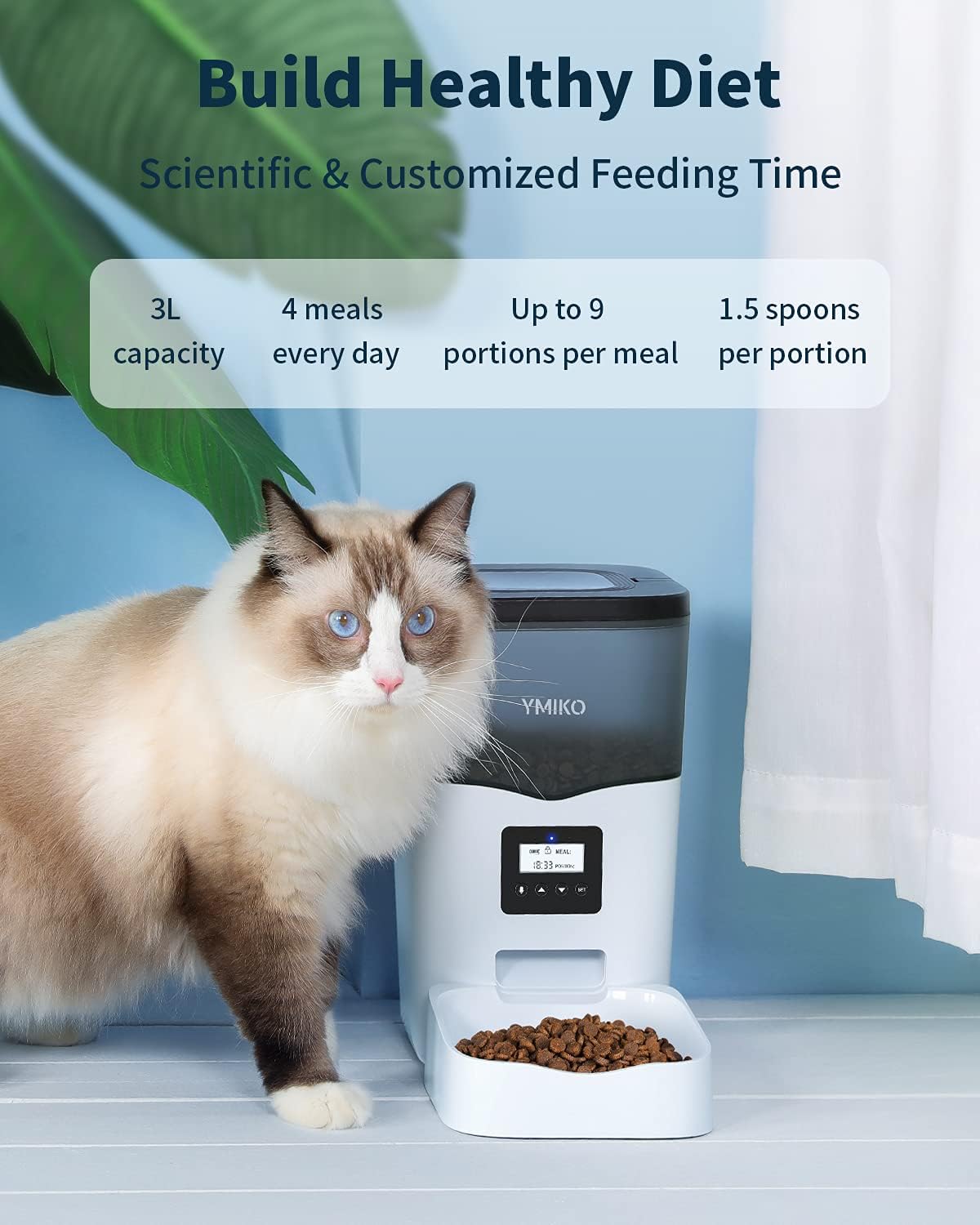 Ymiko Automatic Cat Feeder, Cat Food Dispenser with Voice Recorder, Timed Small Pet Feeder with Programmable Timer, 1-4 Meals Per Day (3L) : Pet Supplies